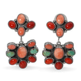 Southwestern Sterling Silver Coral Turquoise Cluster Dangle Earrings