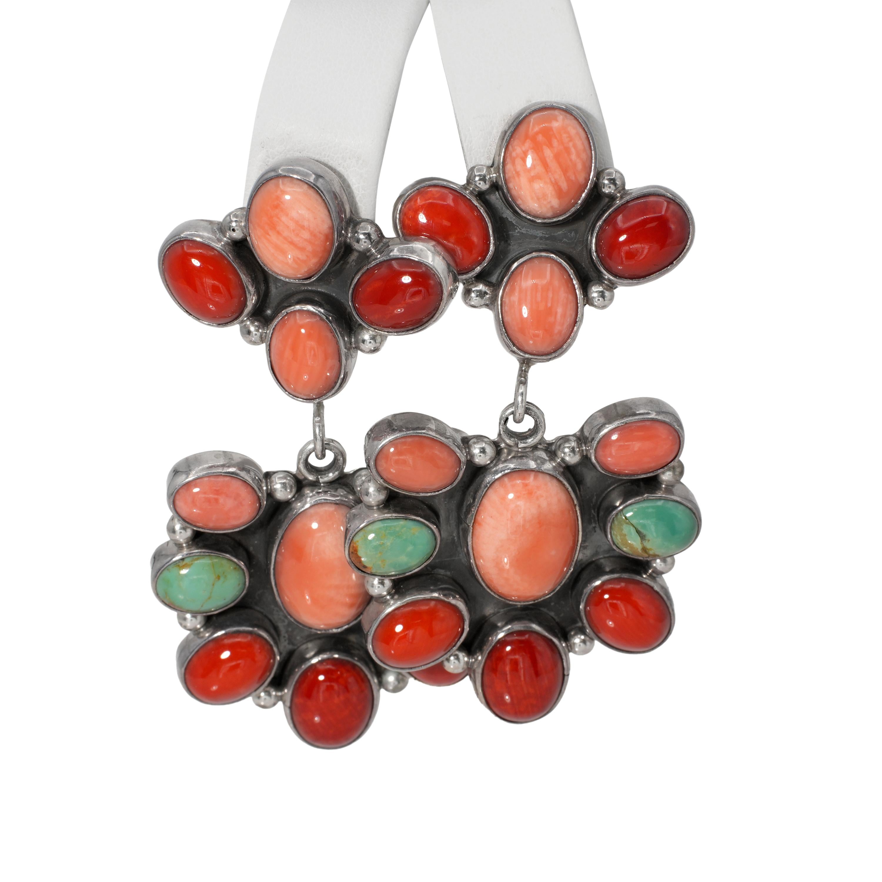 Southwestern Sterling Silver Coral Turquoise Cluster Dangle Earrings
