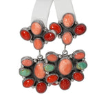 Southwestern Sterling Silver Coral Turquoise Cluster Dangle Earrings