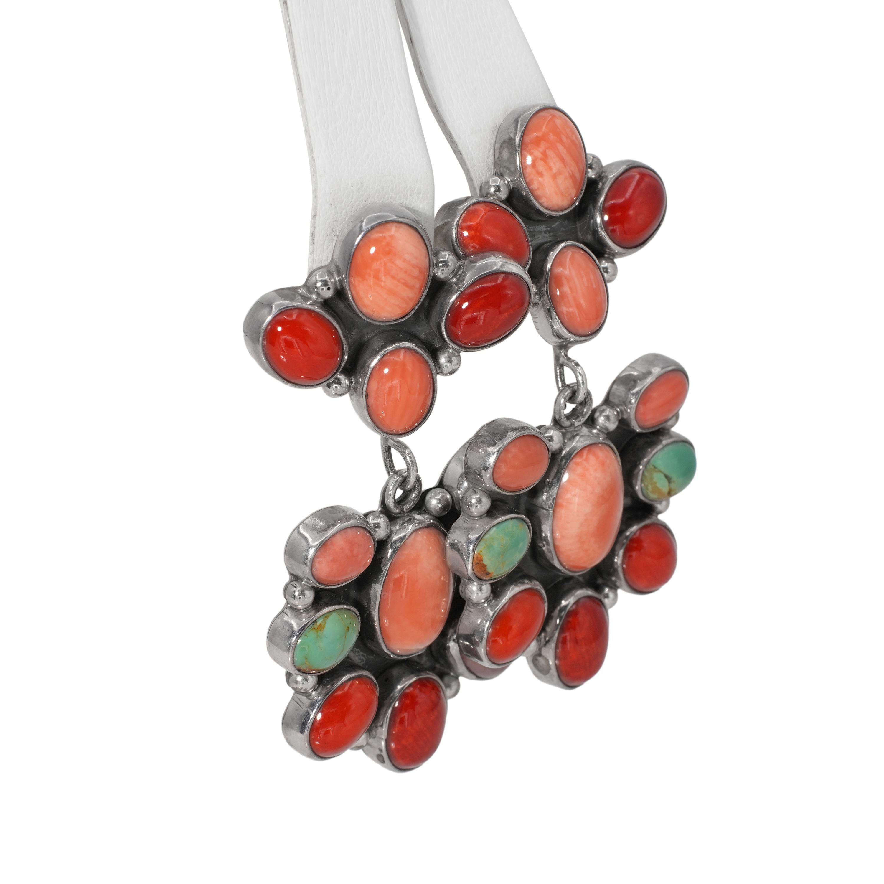 Southwestern Sterling Silver Coral Turquoise Cluster Dangle Earrings