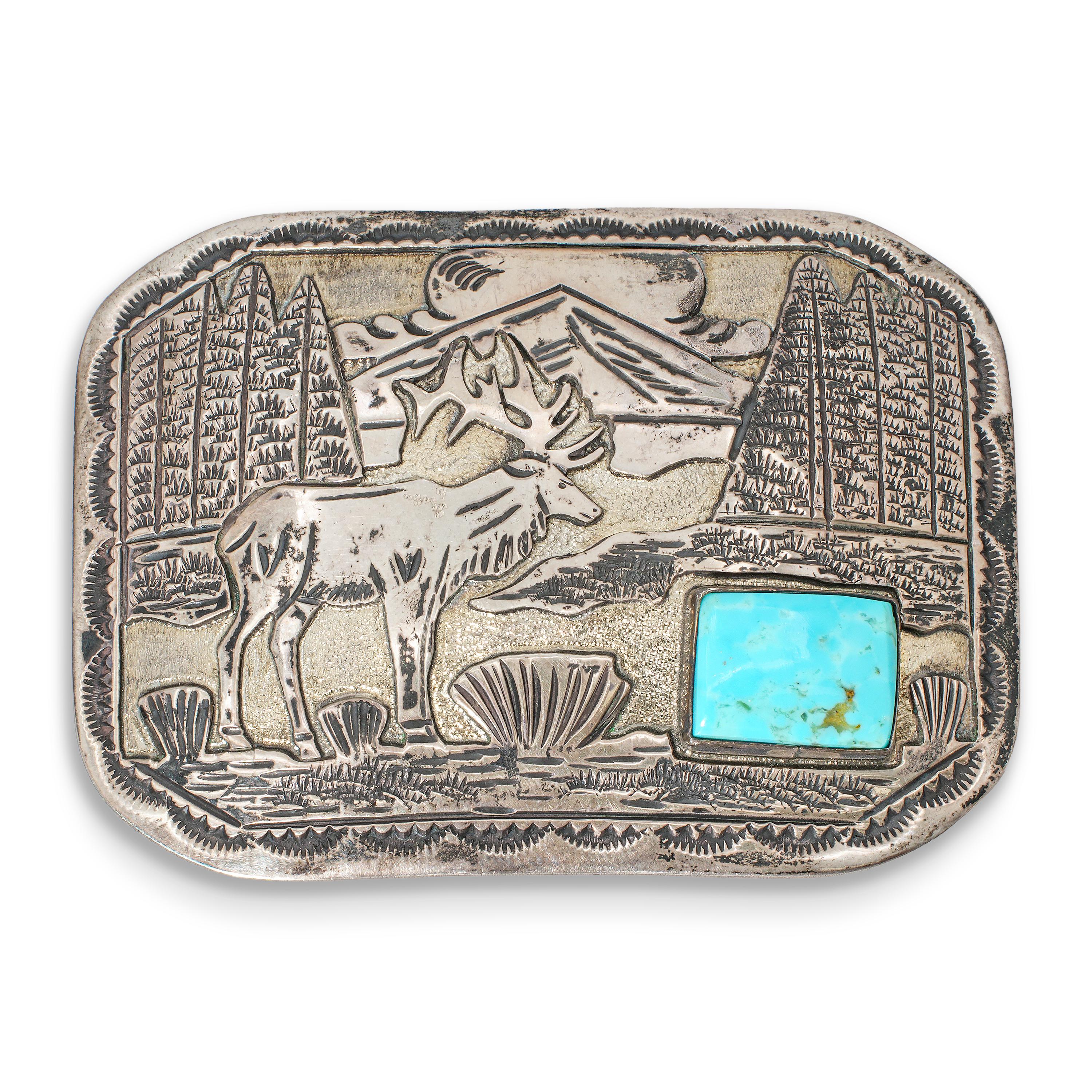 Navajo Sterling Silver Turquoise Elk Landscape Belt Buckle
