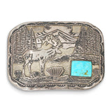 Navajo Sterling Silver Turquoise Elk Landscape Belt Buckle