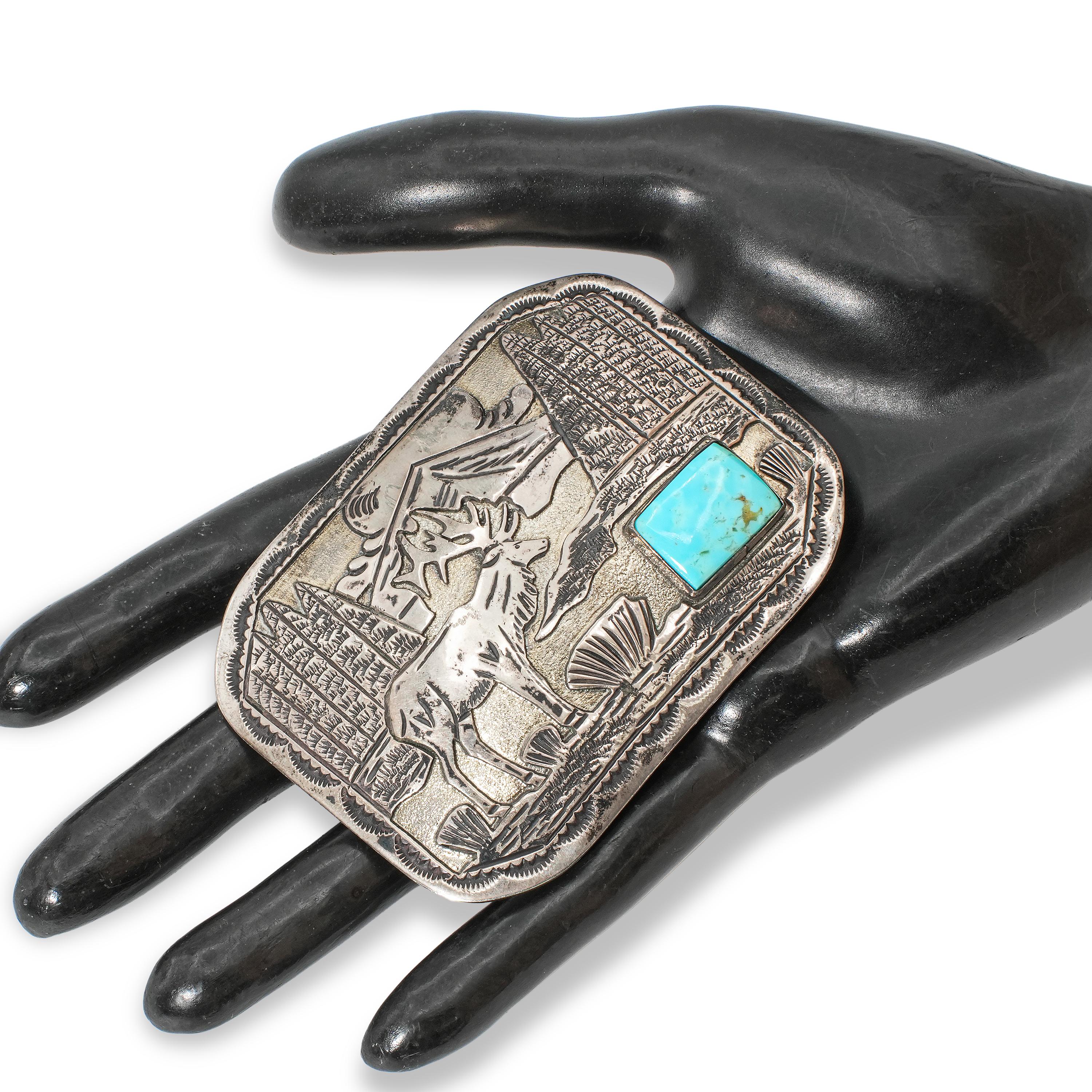 Navajo Sterling Silver Turquoise Elk Landscape Belt Buckle