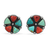 Vintage Southwestern HC Sterling Silver Turquoise Coral Cluster Earrings