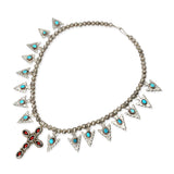 Vintage Southwestern Sterling Silver Turquoise Coral Arrowhead Cross Necklace