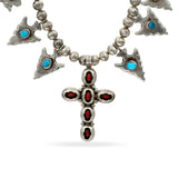 Vintage Southwestern Sterling Silver Turquoise Coral Arrowhead Cross Necklace
