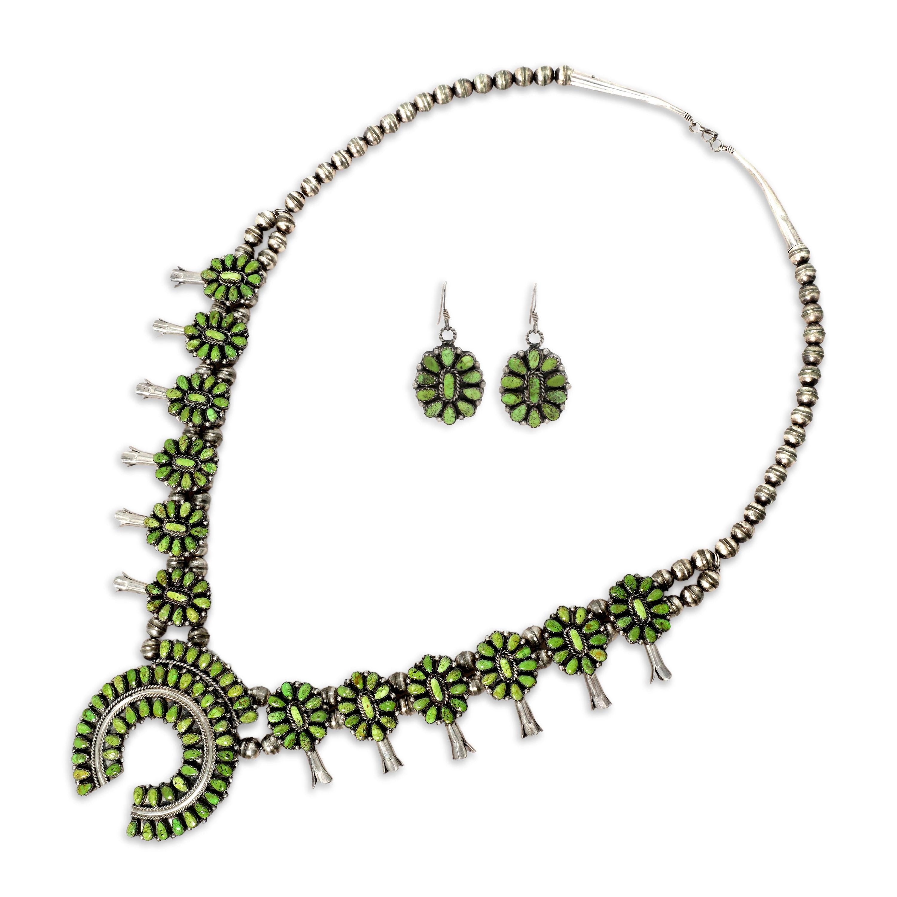 Victor Begay Navajo Sterling Silver Turquoise Squash Blossom Necklace & Earrings