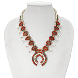 Vintage Southwestern Silver Coral Cluster Squash Blossom Necklace & Earrings