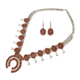Vintage Southwestern Silver Coral Cluster Squash Blossom Necklace & Earrings