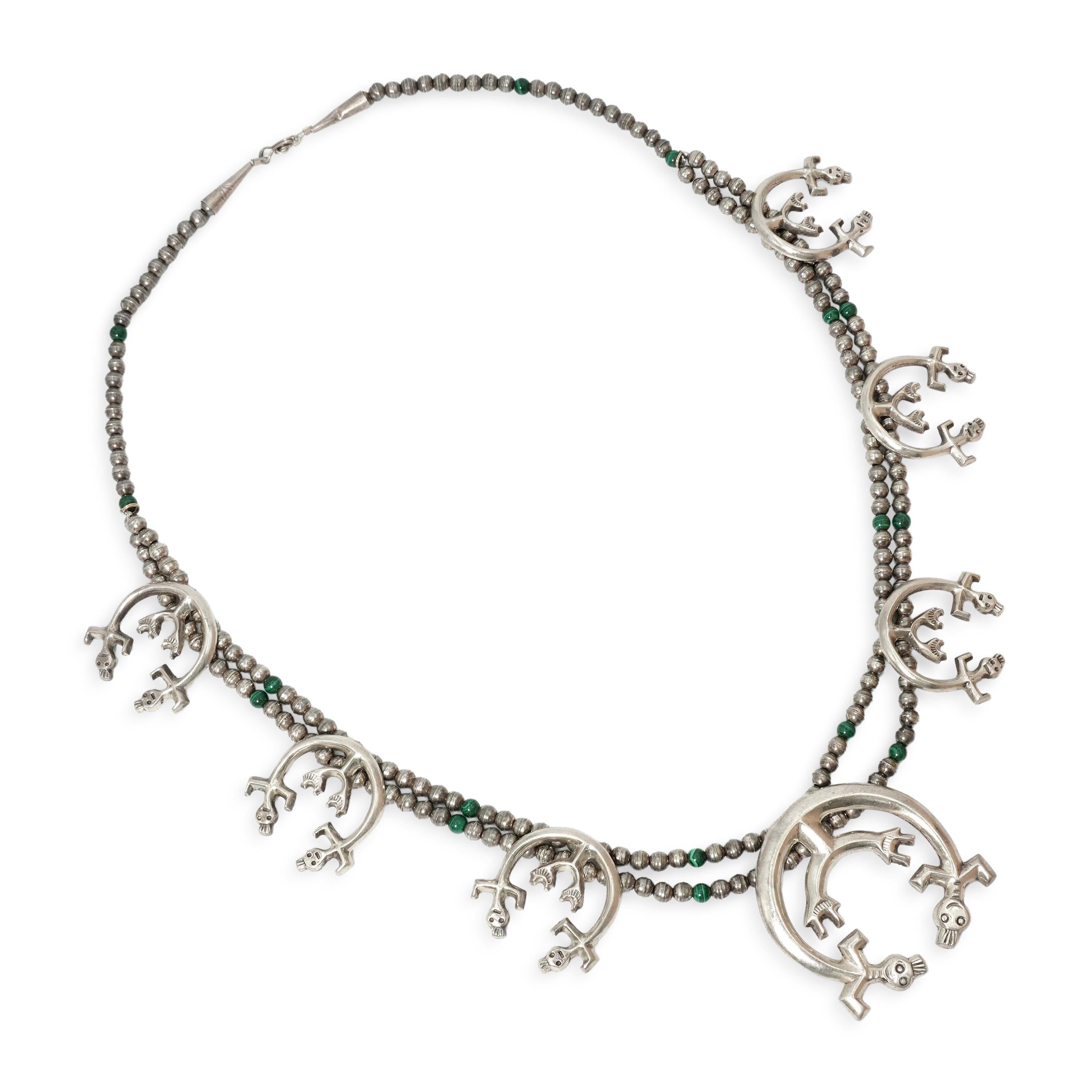 Vintage Navajo Sterling Silver Yei Bi Chei Naja Malachite Bead Necklace