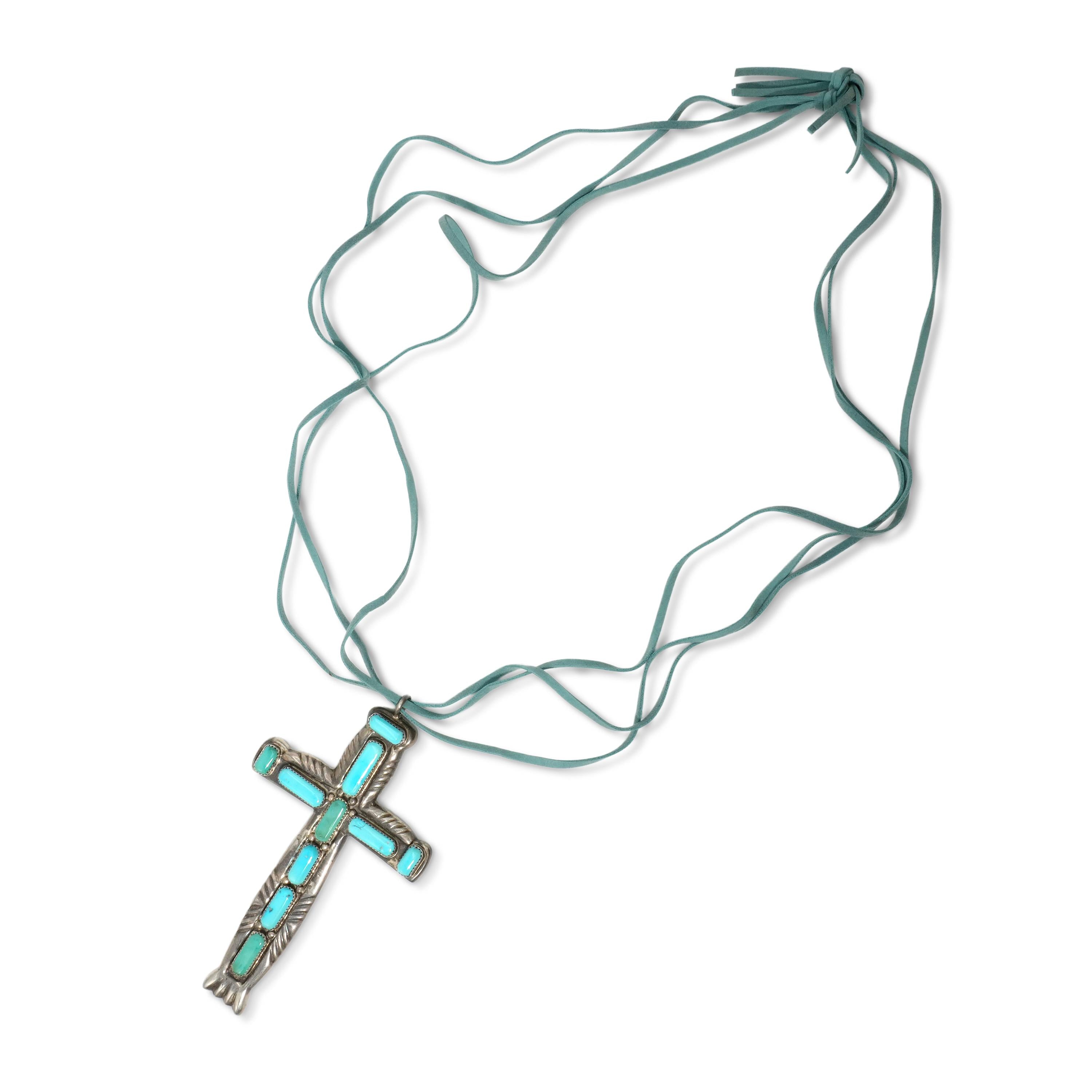 Vintage William Lule Sterling Silver Bluebird Mine Turquoise Cross Necklace