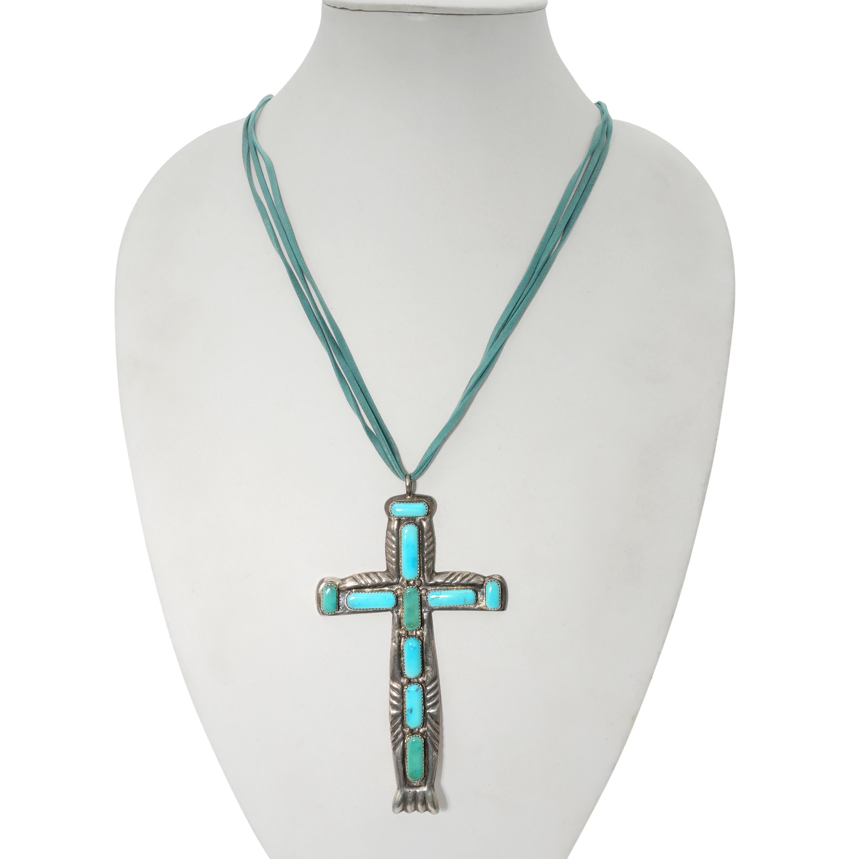 Vintage William Lule Sterling Silver Bluebird Mine Turquoise Cross Necklace