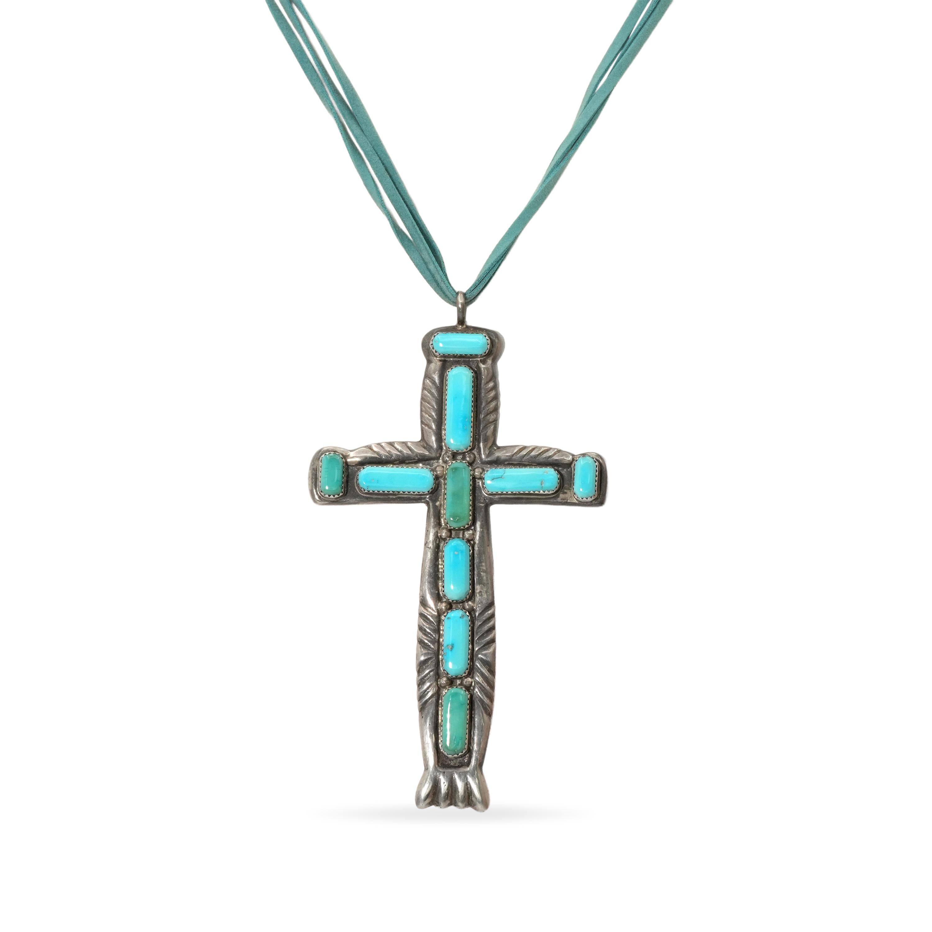 Vintage William Lule Sterling Silver Bluebird Mine Turquoise Cross Necklace