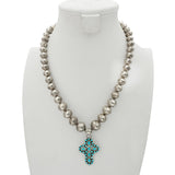 Vintage Southwestern Sterling Silver Turquoise Cross Pendant Necklace