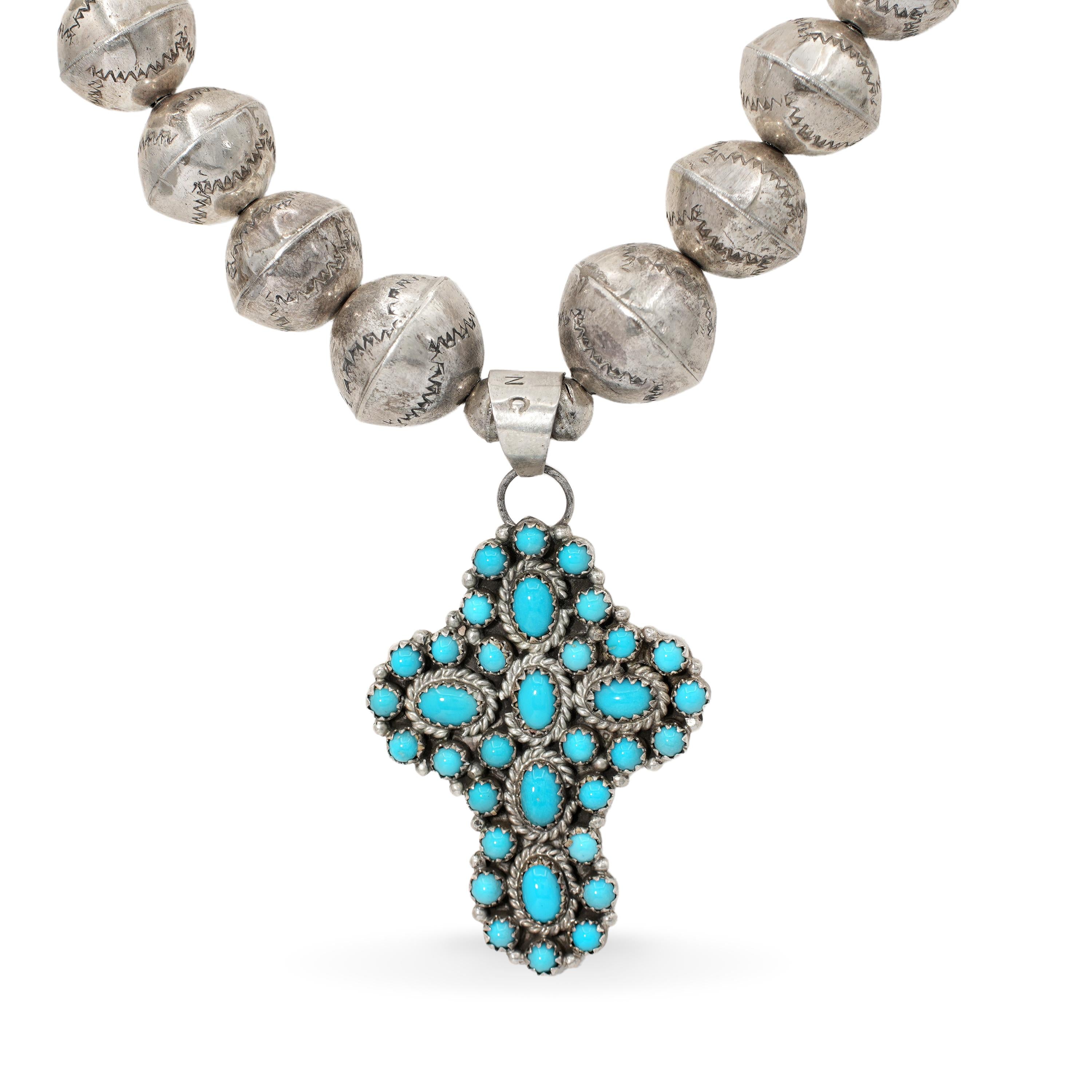 Vintage Southwestern Sterling Silver Turquoise Cross Pendant Necklace