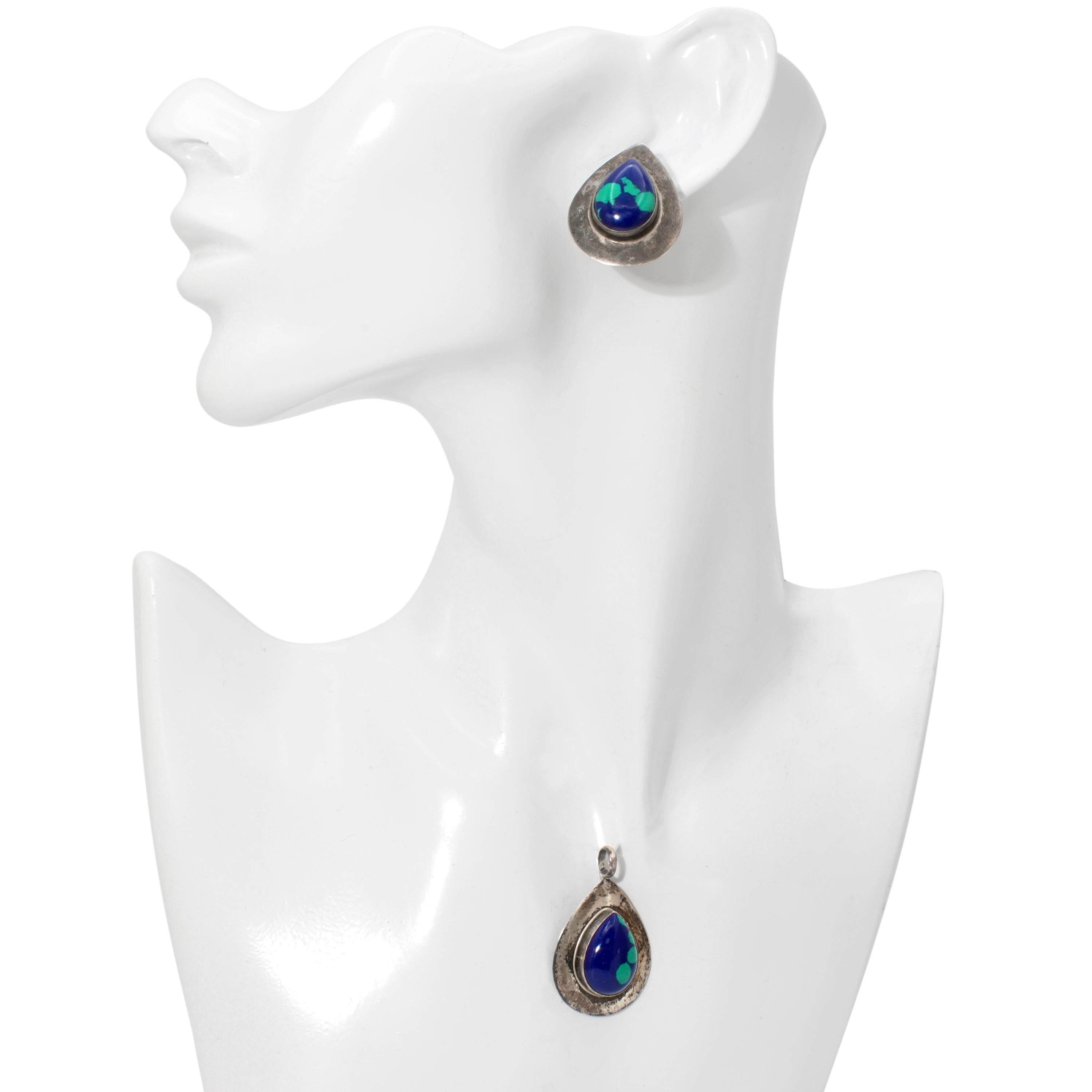 Vintage Southwestern Sterling Silver Azurite Malachite Necklace & Earring Set