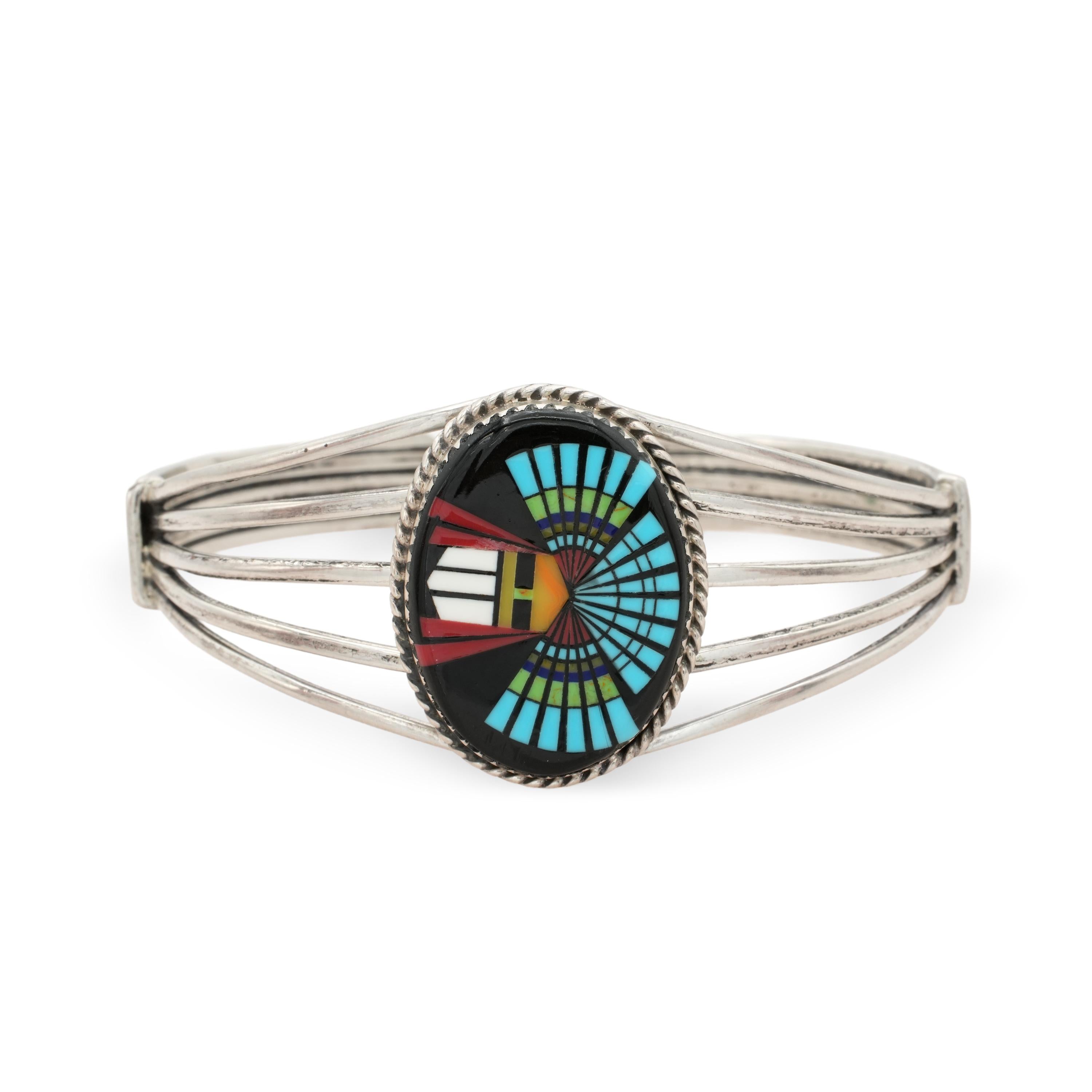 Southwestern Sterling Silver Turquoise Coral Black Onyx Inlay Cuff