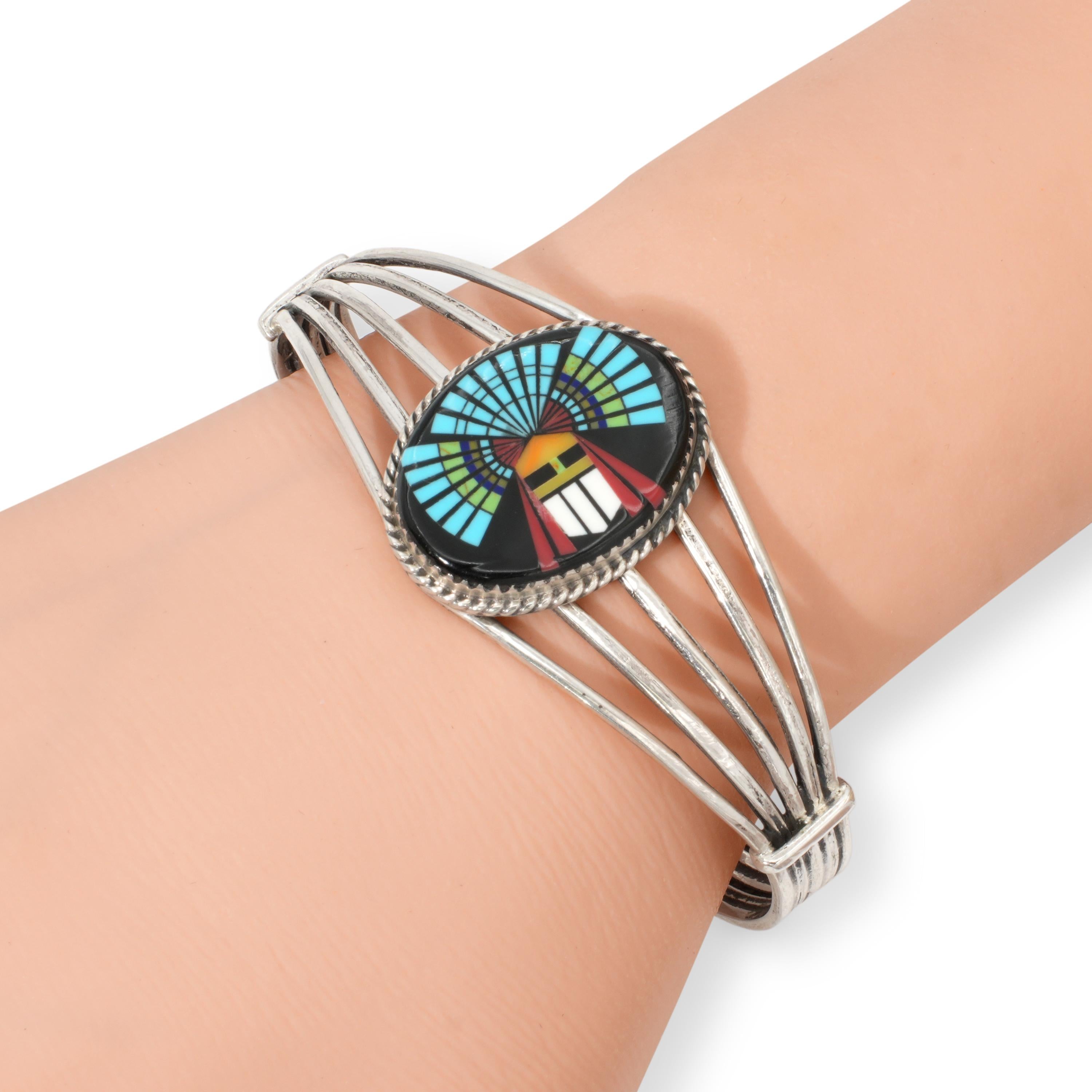 Southwestern Sterling Silver Turquoise Coral Black Onyx Inlay Cuff