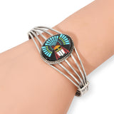 Southwestern Sterling Silver Turquoise Coral Black Onyx Inlay Cuff
