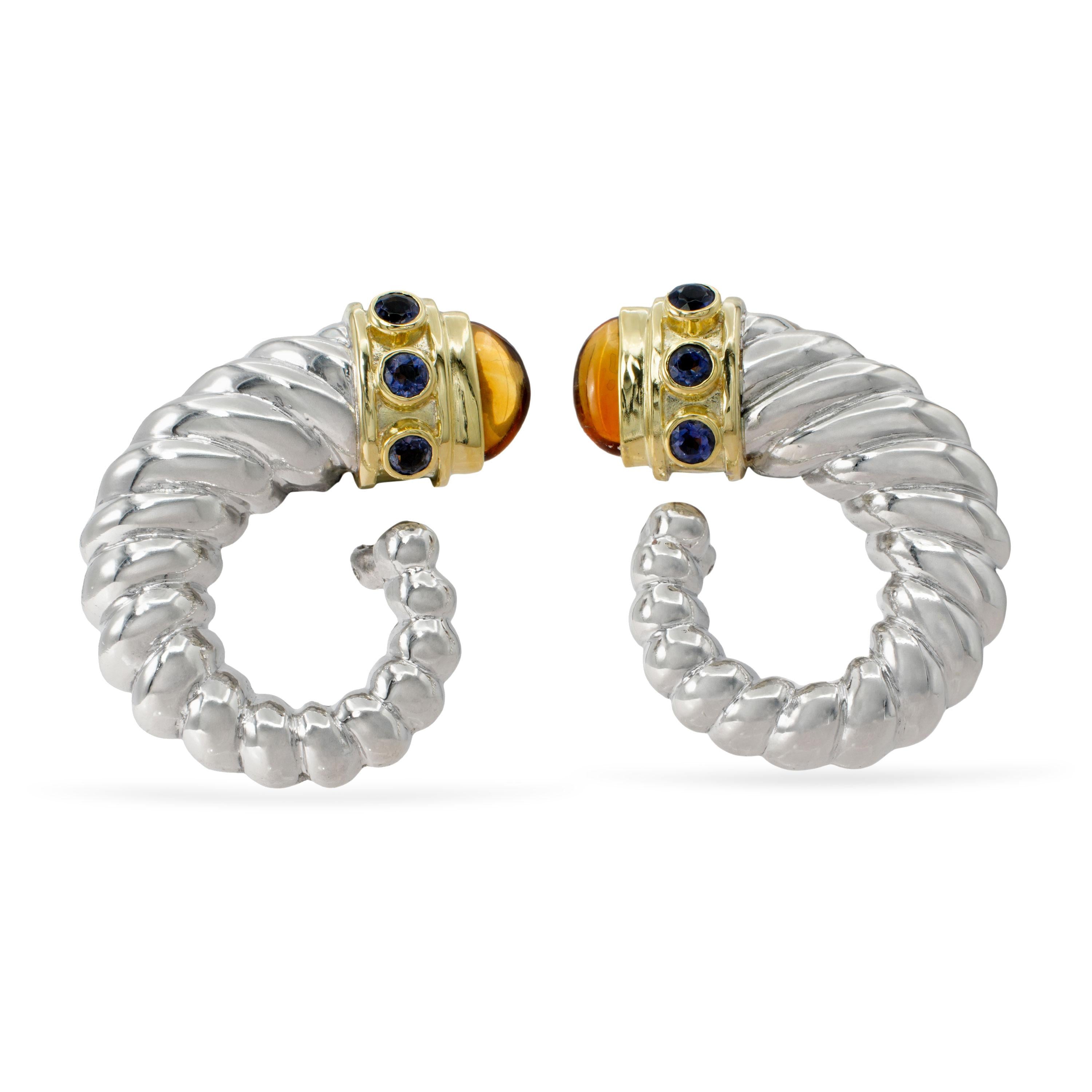 David Yurman Sterling Silver 14K Gold Citrine Sapphire Earrings