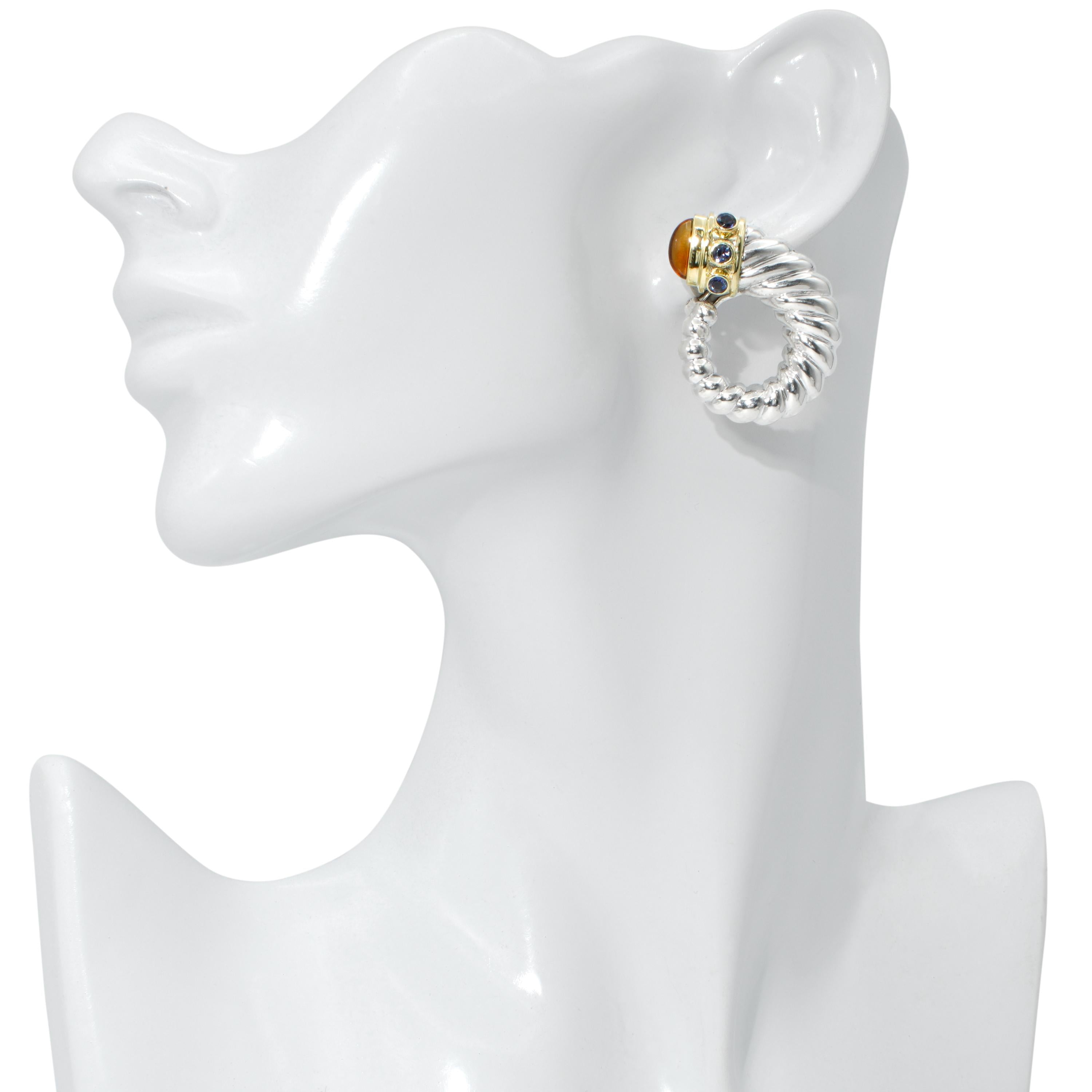 David Yurman Sterling Silver 14K Gold Citrine Sapphire Earrings
