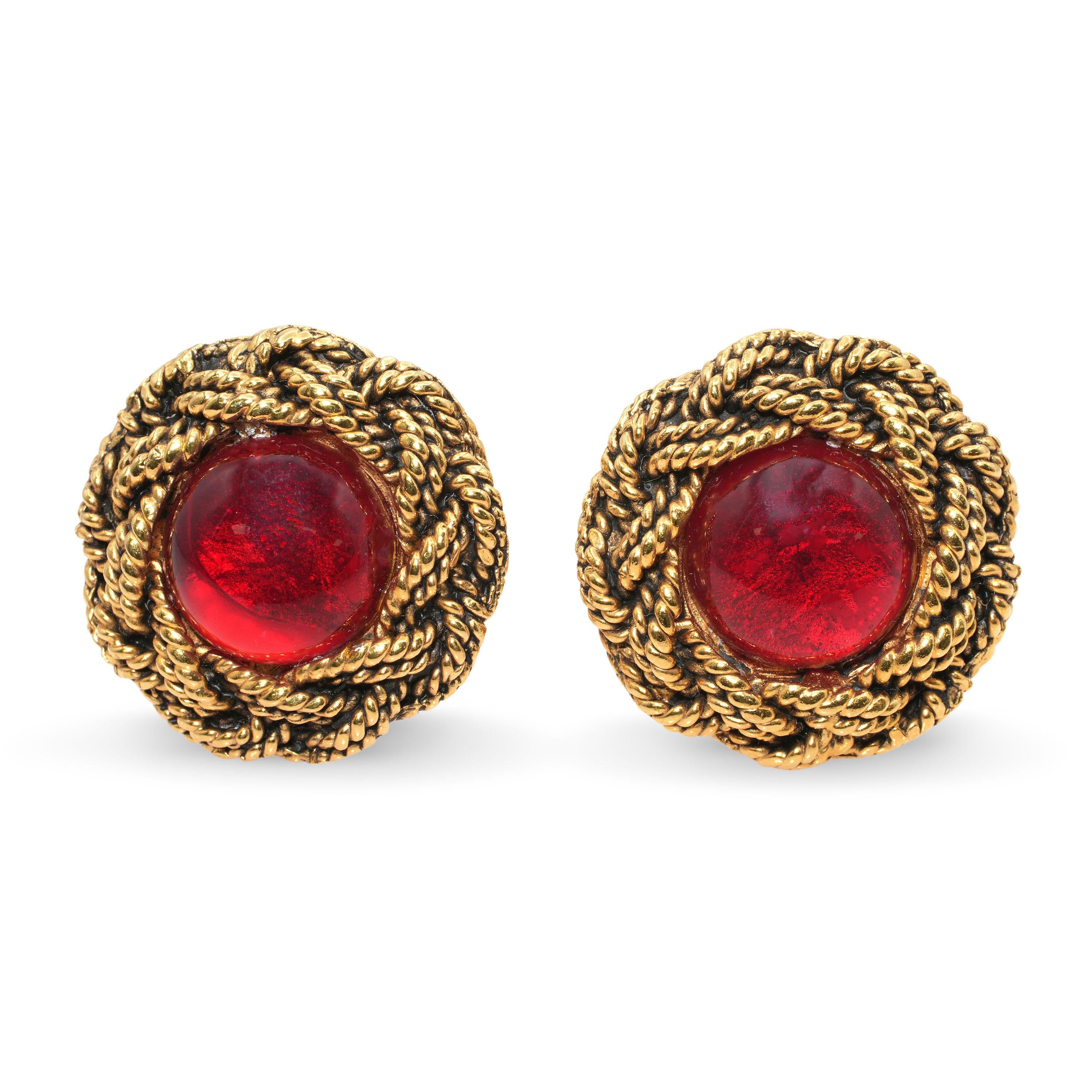 Vintage 1994 Chanel Gold-Plated Red Gripoix Rope Cufflinks