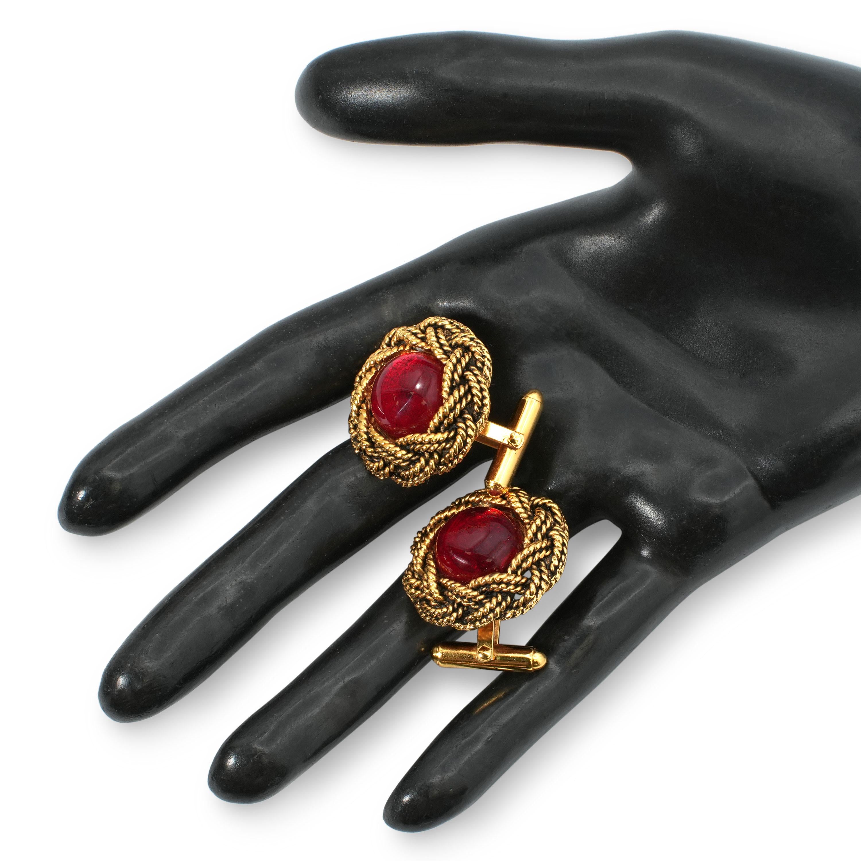 Vintage 1994 Chanel Gold-Plated Red Gripoix Rope Cufflinks
