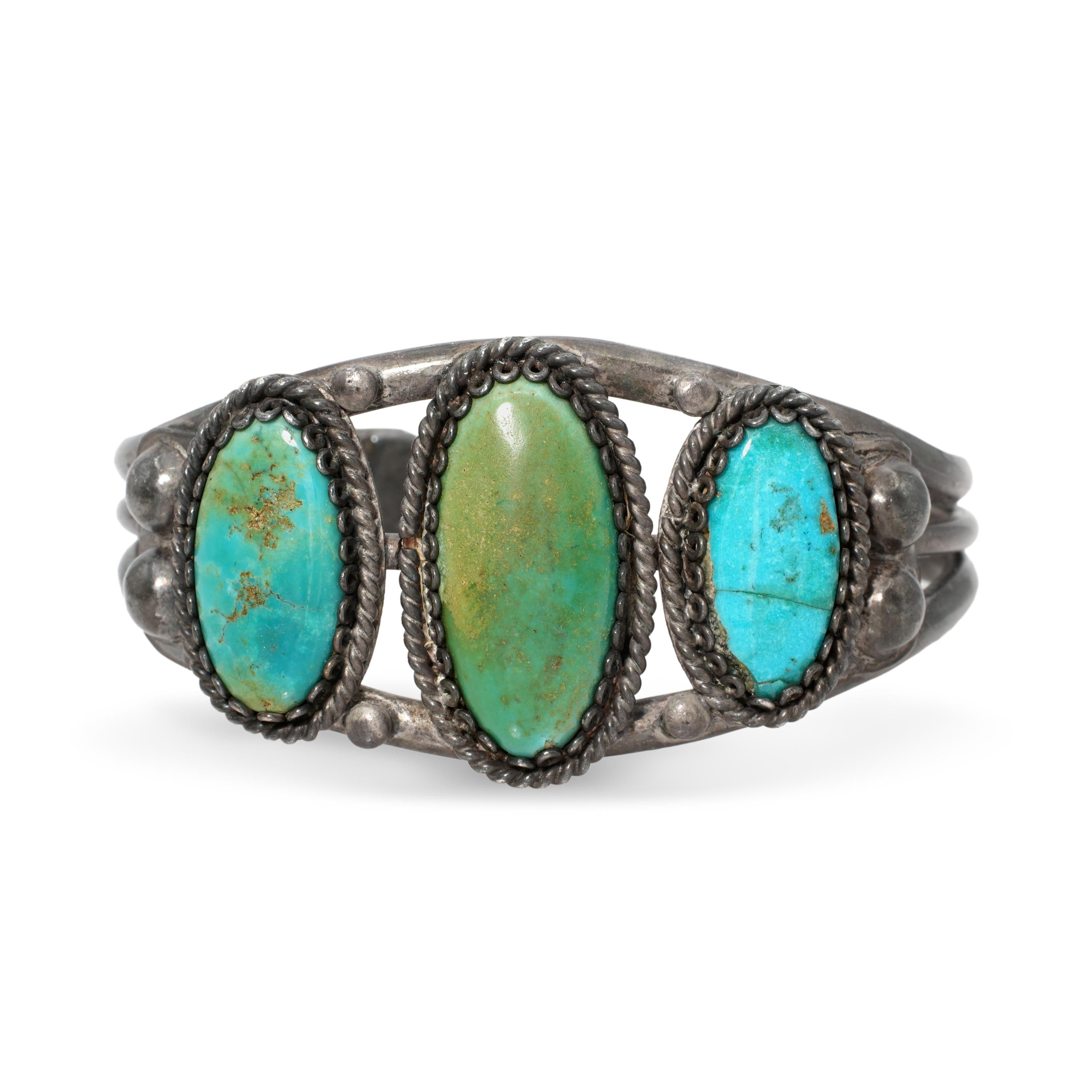 Vintage Southwestern Sterling Silver Turquoise Three-Stone Cuff Bracelet