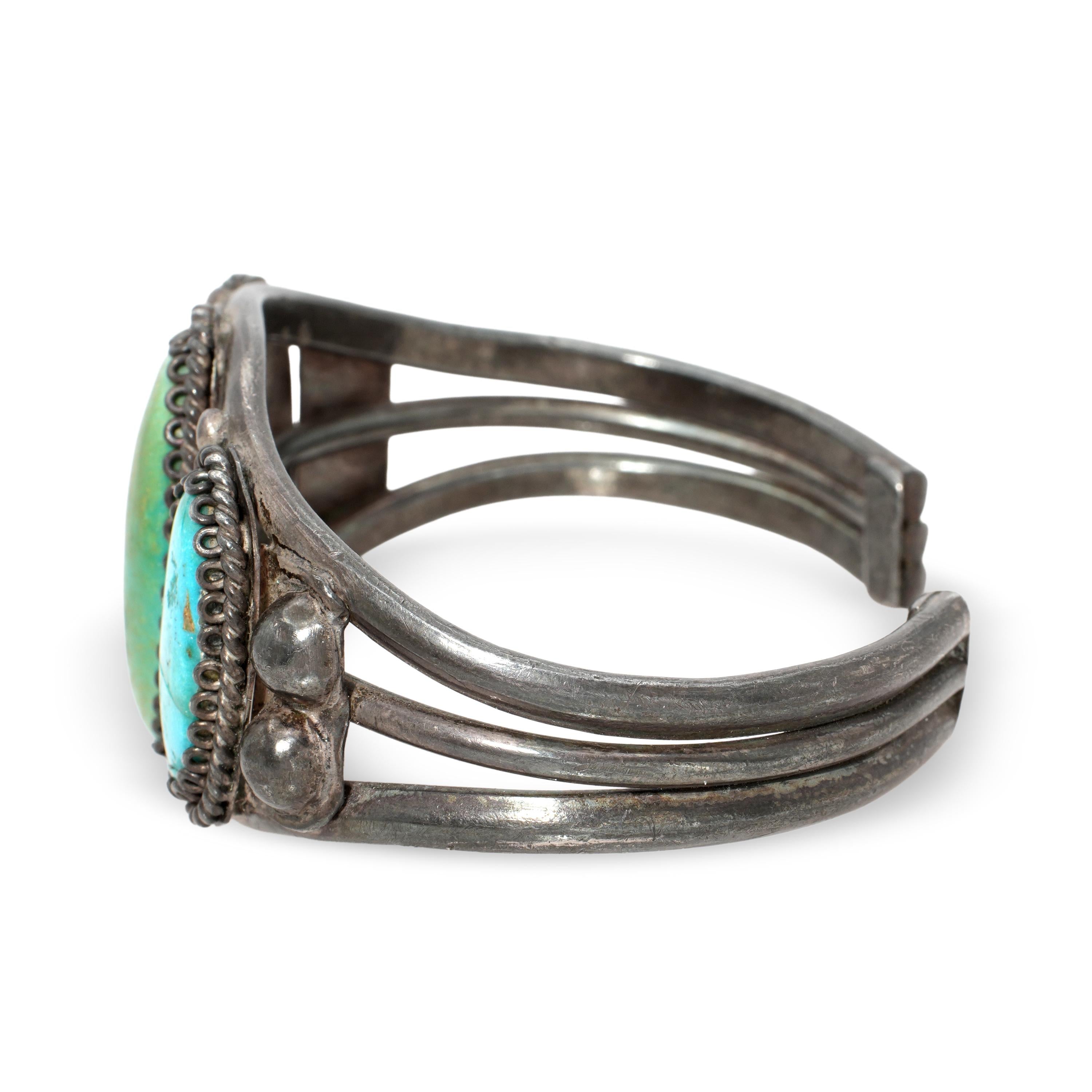 Vintage Southwestern Sterling Silver Turquoise Three-Stone Cuff Bracelet
