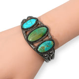 Vintage Southwestern Sterling Silver Turquoise Three-Stone Cuff Bracelet