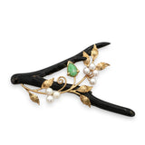 Vintage 14k Yellow Gold Black Coral Jade Pearl Branch Brooch