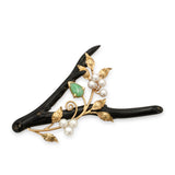 Vintage 14k Yellow Gold Black Coral Jade Pearl Branch Brooch