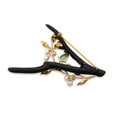 Vintage 14k Yellow Gold Black Coral Jade Pearl Branch Brooch