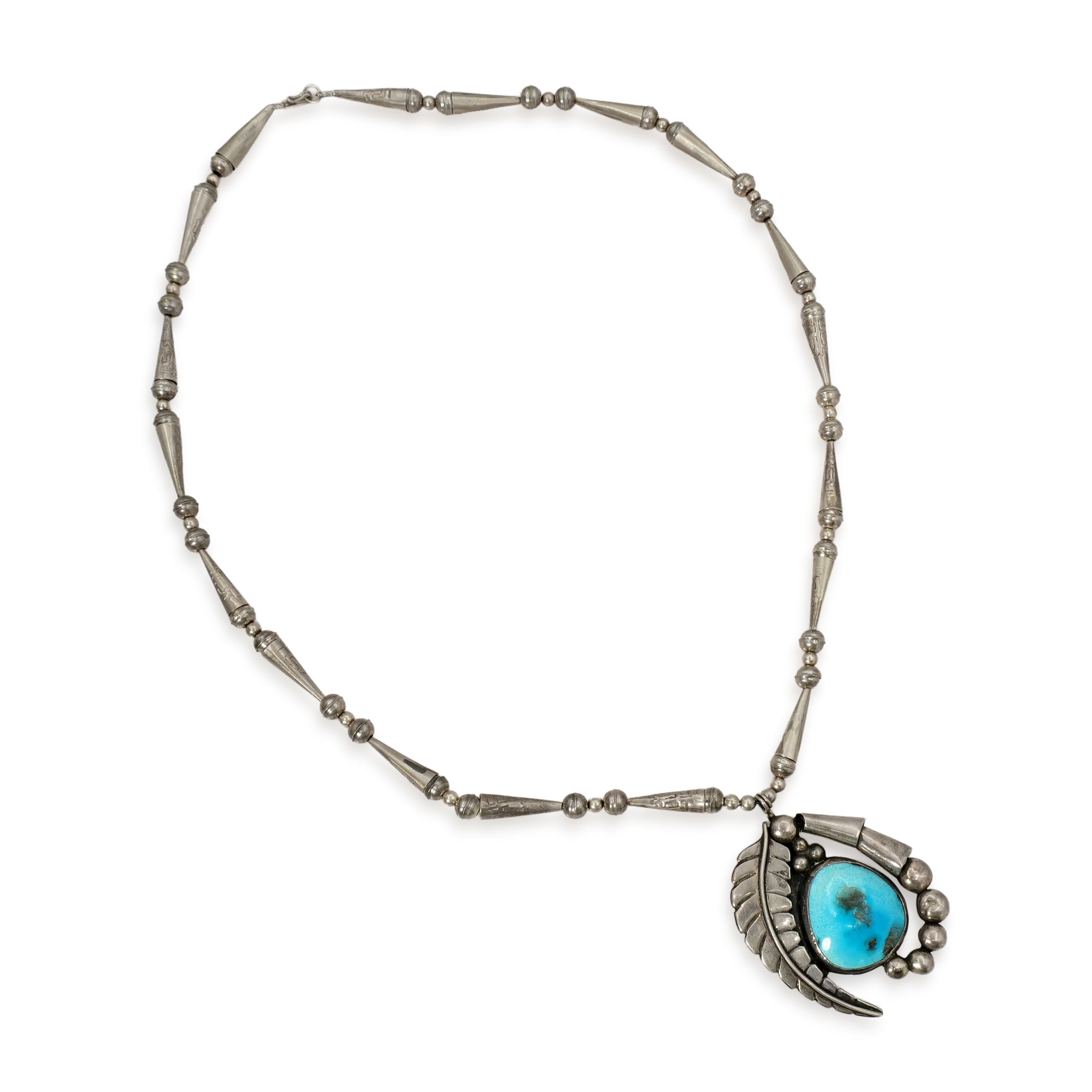 Vintage Southwestern Sterling Silver Turquoise Leaf Pendant Necklace