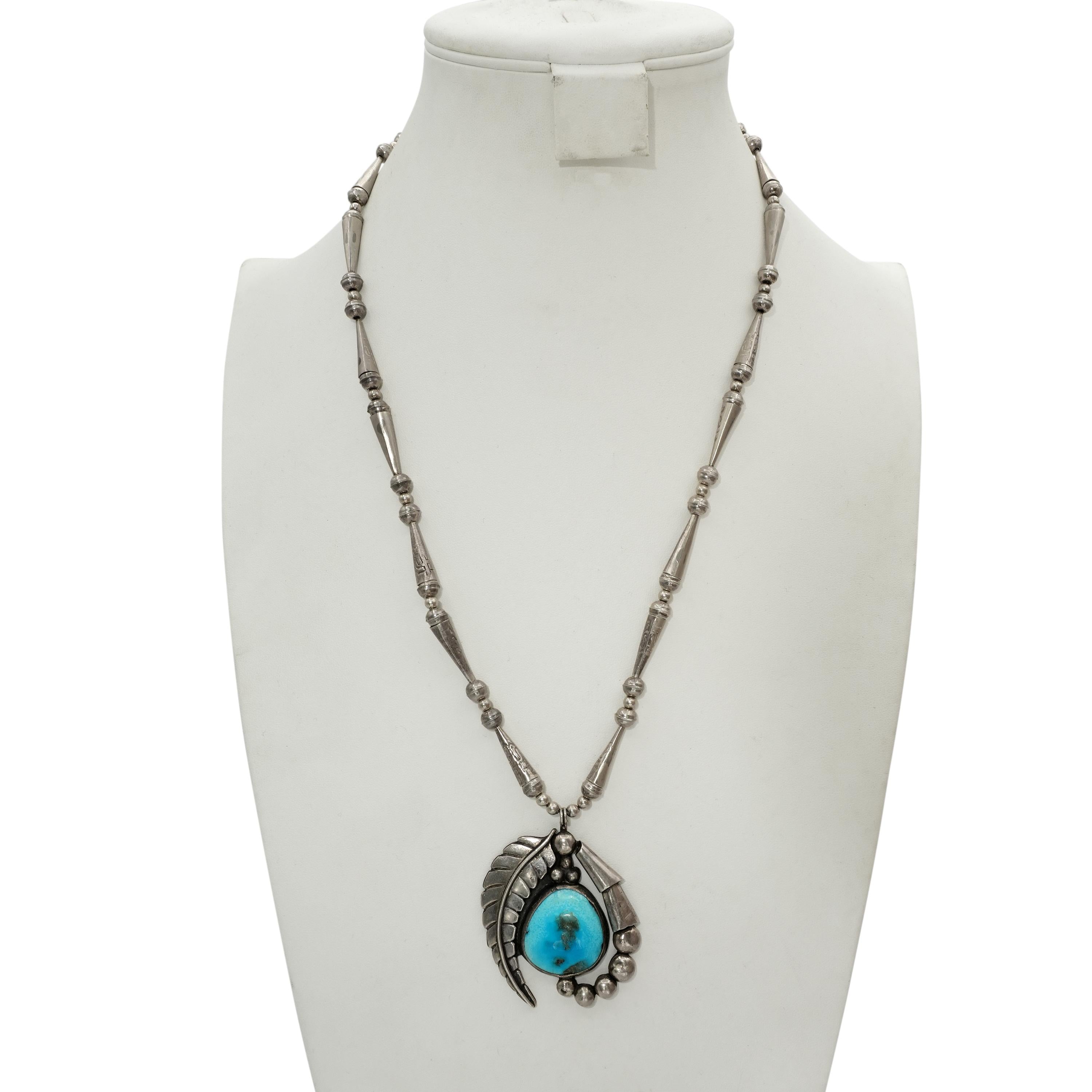 Vintage Southwestern Sterling Silver Turquoise Leaf Pendant Necklace