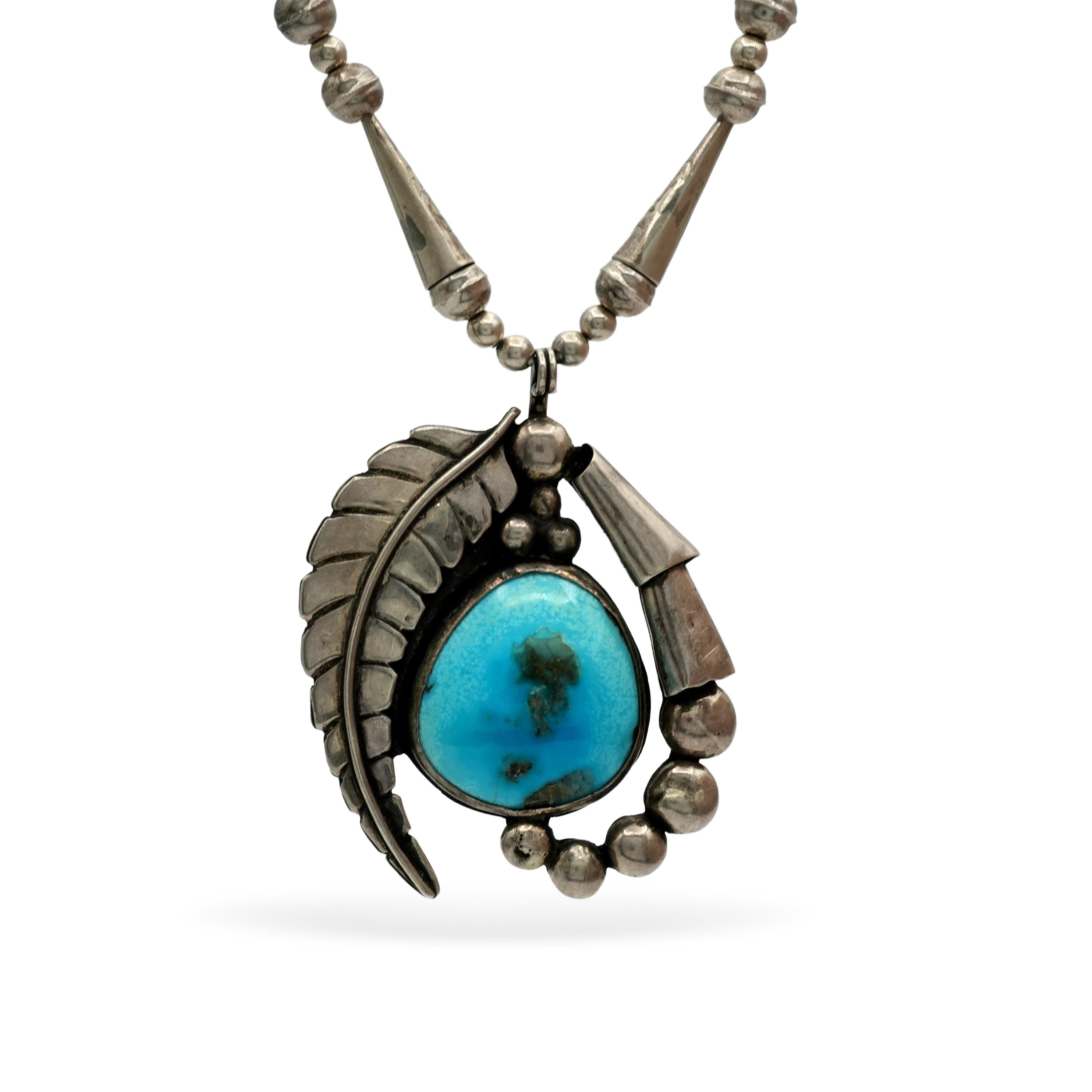 Vintage Southwestern Sterling Silver Turquoise Leaf Pendant Necklace