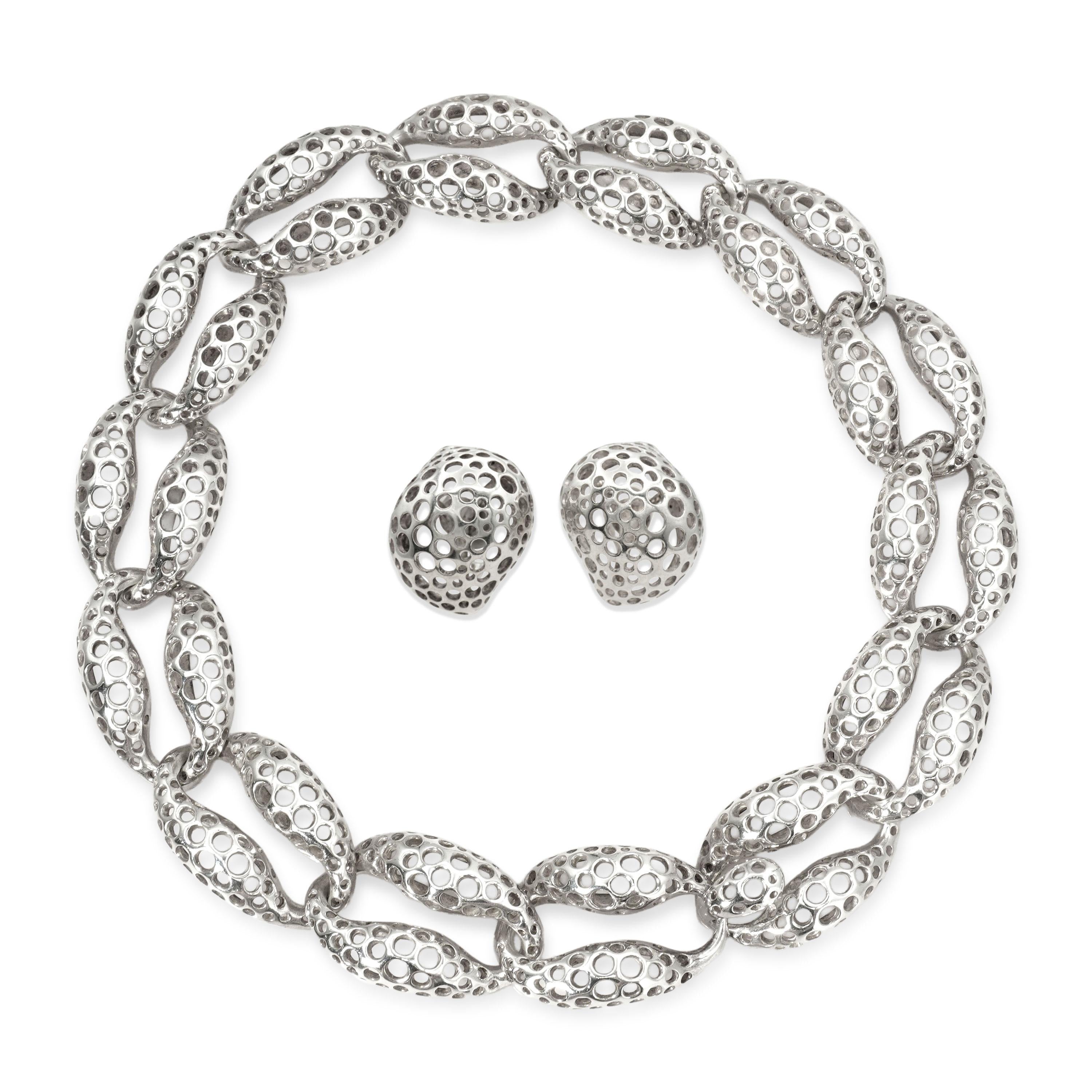 Angela Cummings "Perforation" Sterling Silver Clip-On Earrings and Necklace Set