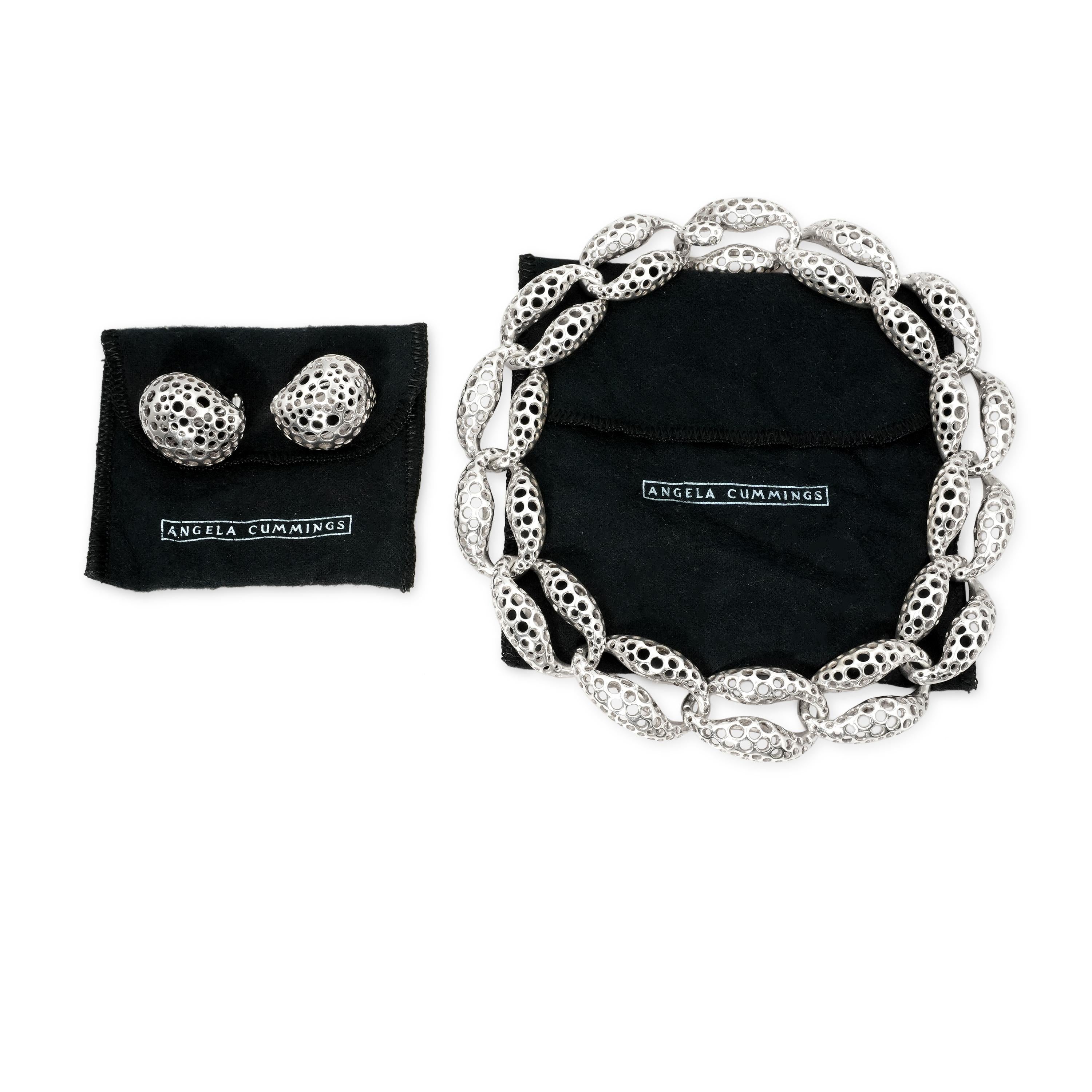 Angela Cummings "Perforation" Sterling Silver Clip-On Earrings and Necklace Set