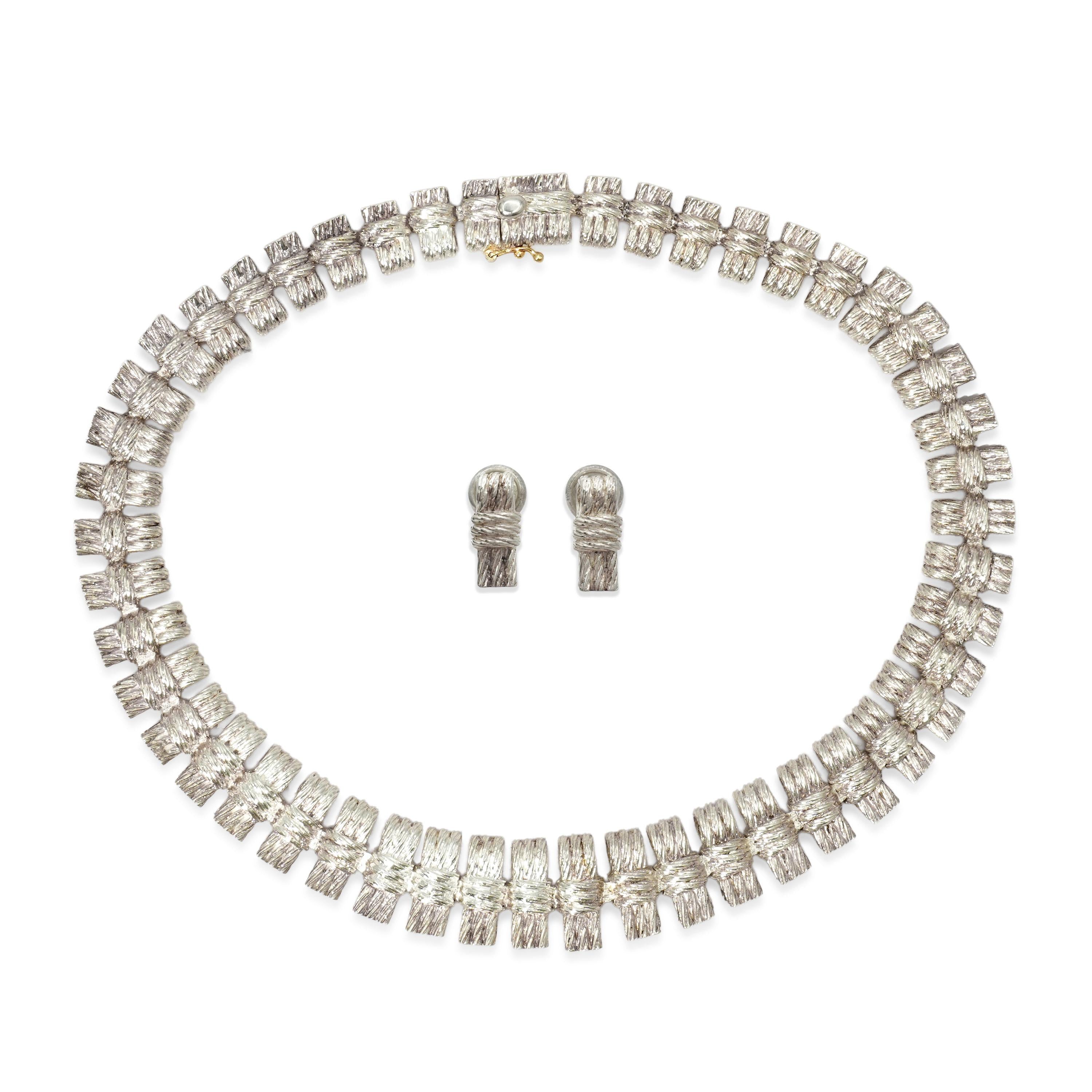 Mexican Sterling Silver Textured Link Necklace & Earrings Set