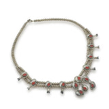 Vintage Navajo Red Coral Silver Squash Blossom Necklace and Earring Set