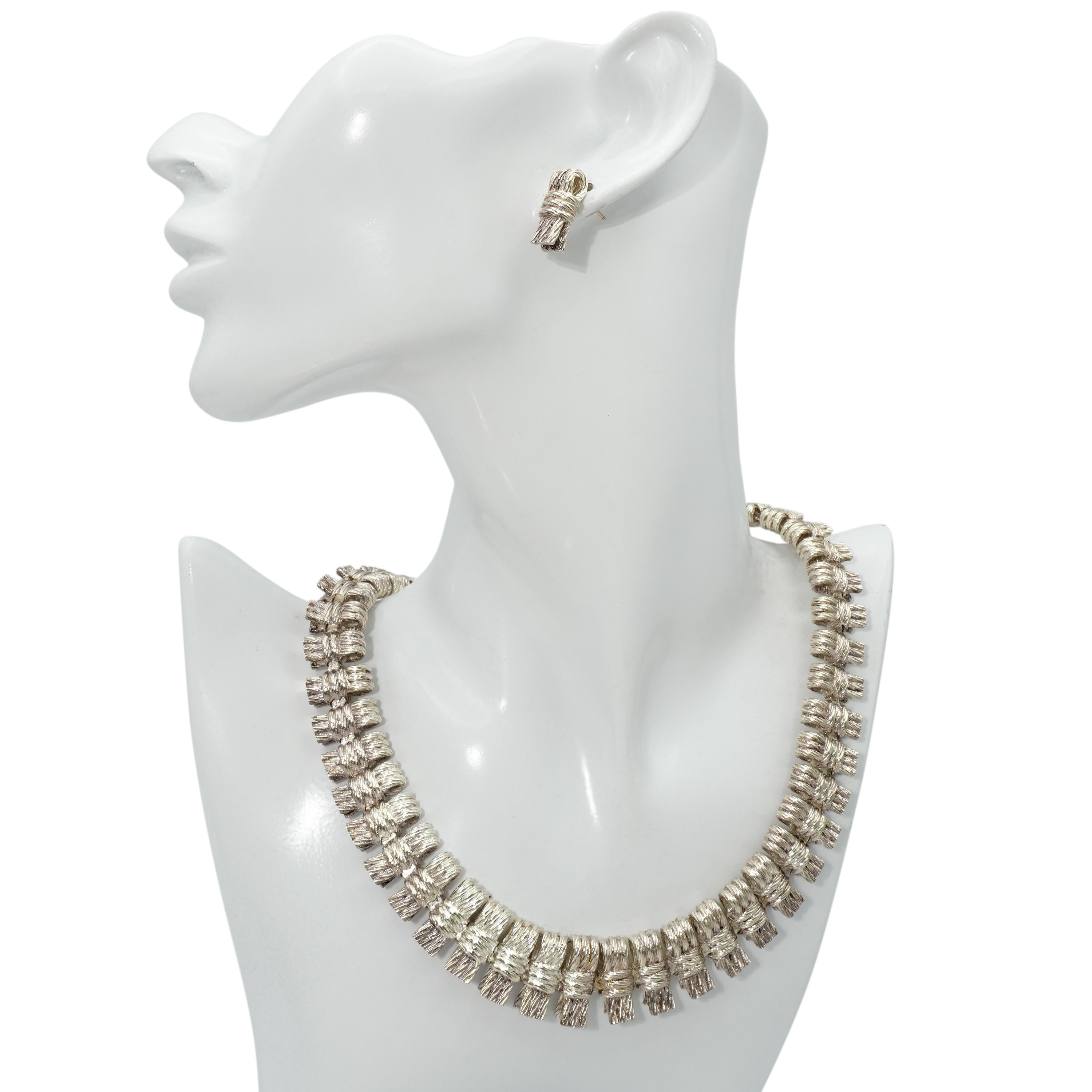 Mexican Sterling Silver Textured Link Necklace & Earrings Set