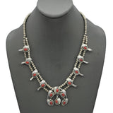 Vintage Navajo Red Coral Silver Squash Blossom Necklace and Earring Set