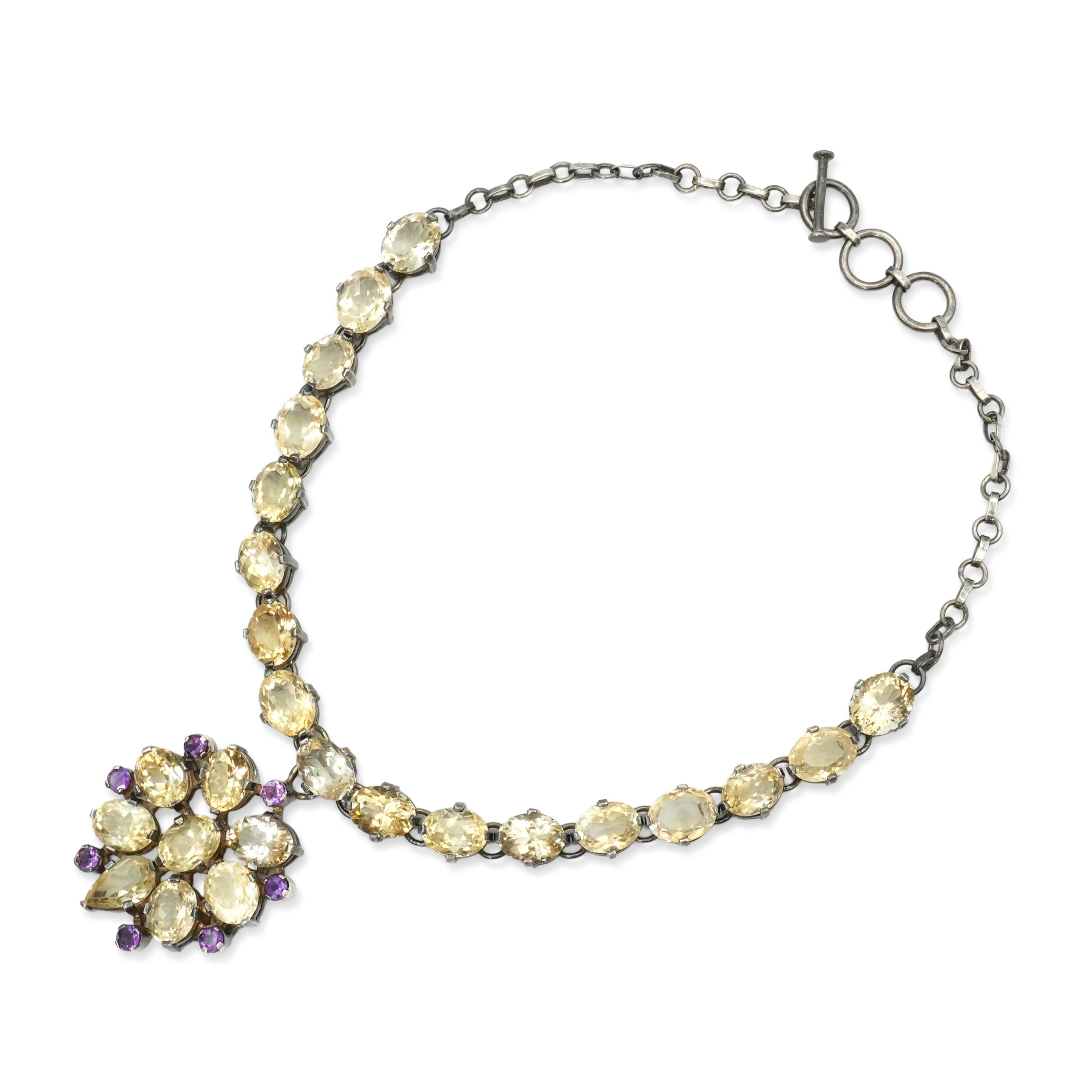 Vintage Sterling Silver Citrine & Amethyst Cluster Pendant Necklace