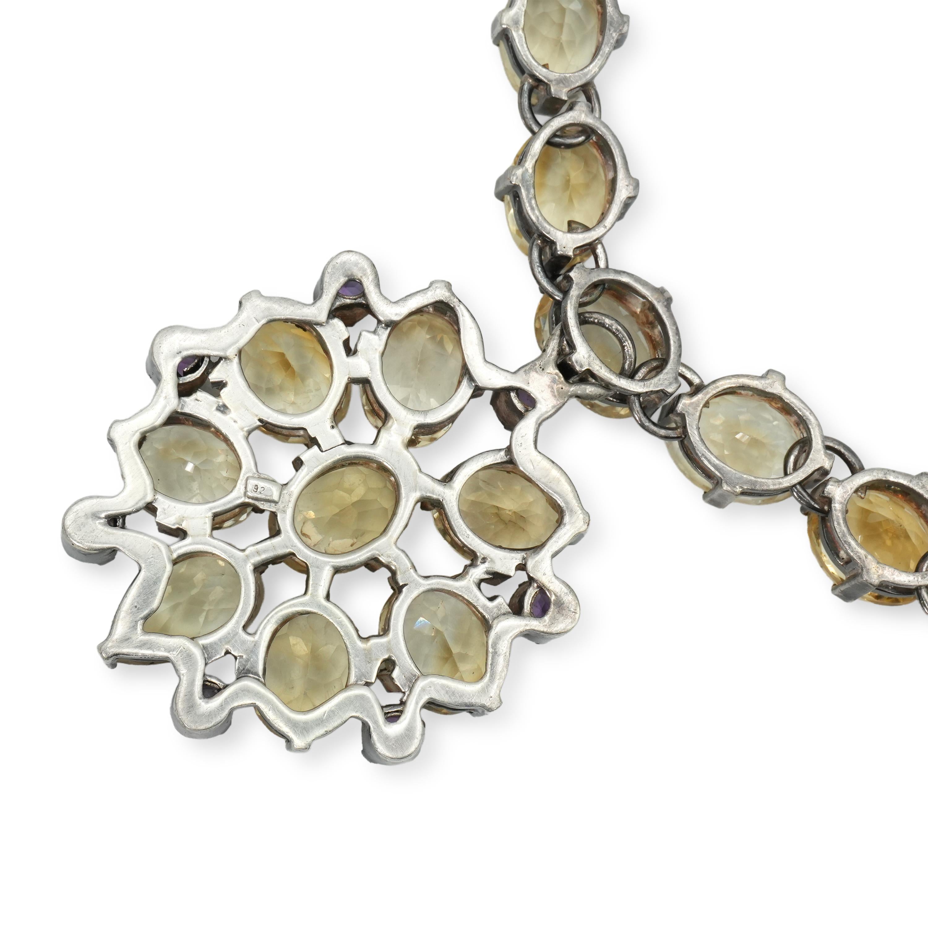 Vintage Sterling Silver Citrine & Amethyst Cluster Pendant Necklace