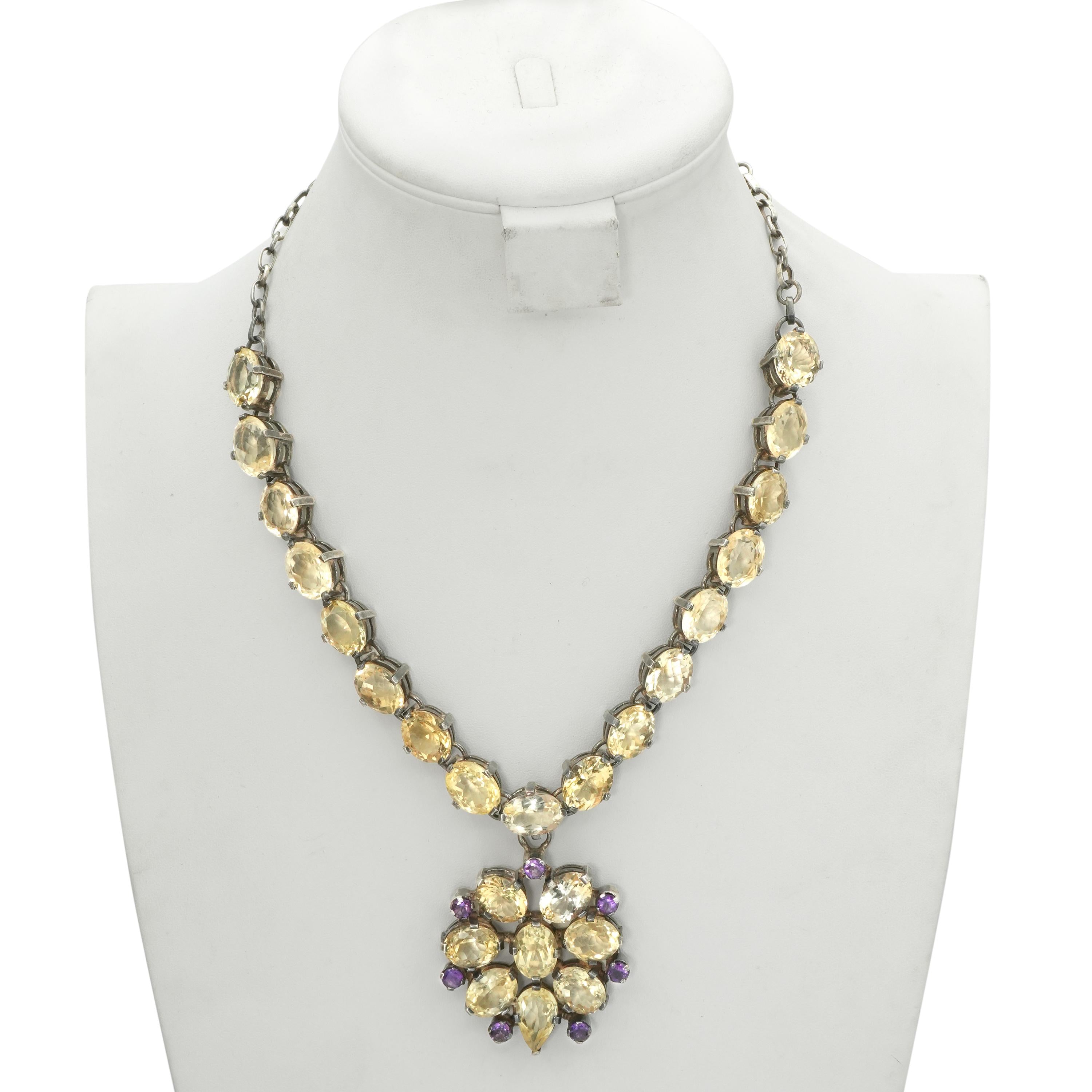 Vintage Sterling Silver Citrine & Amethyst Cluster Pendant Necklace