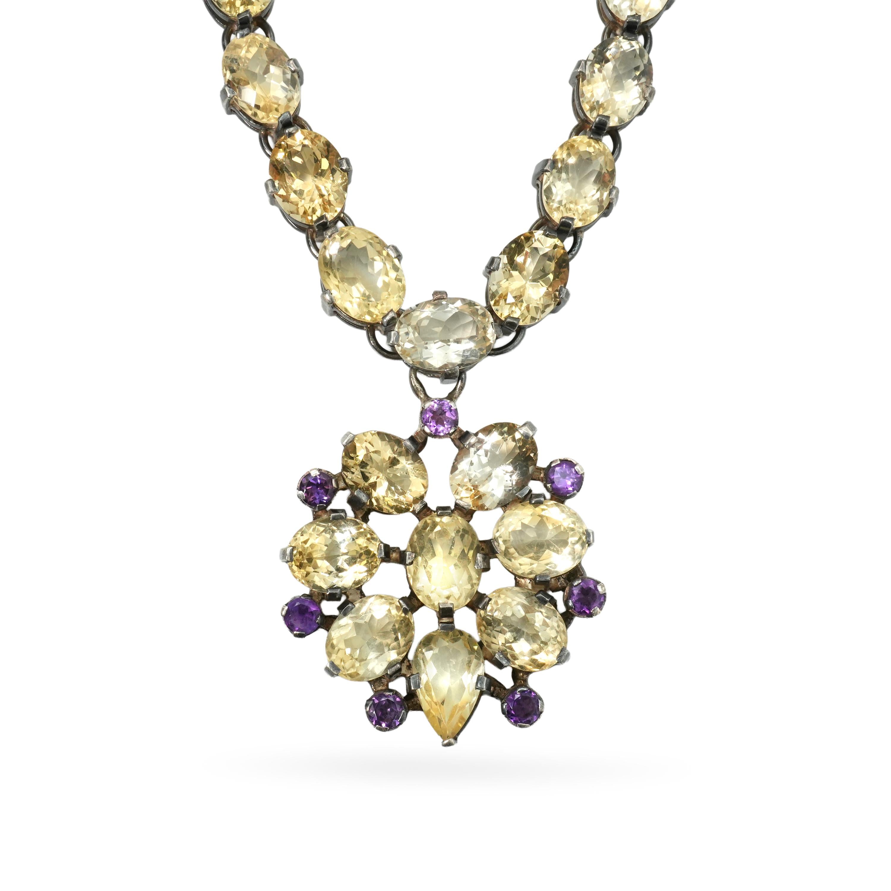 Vintage Sterling Silver Citrine & Amethyst Cluster Pendant Necklace