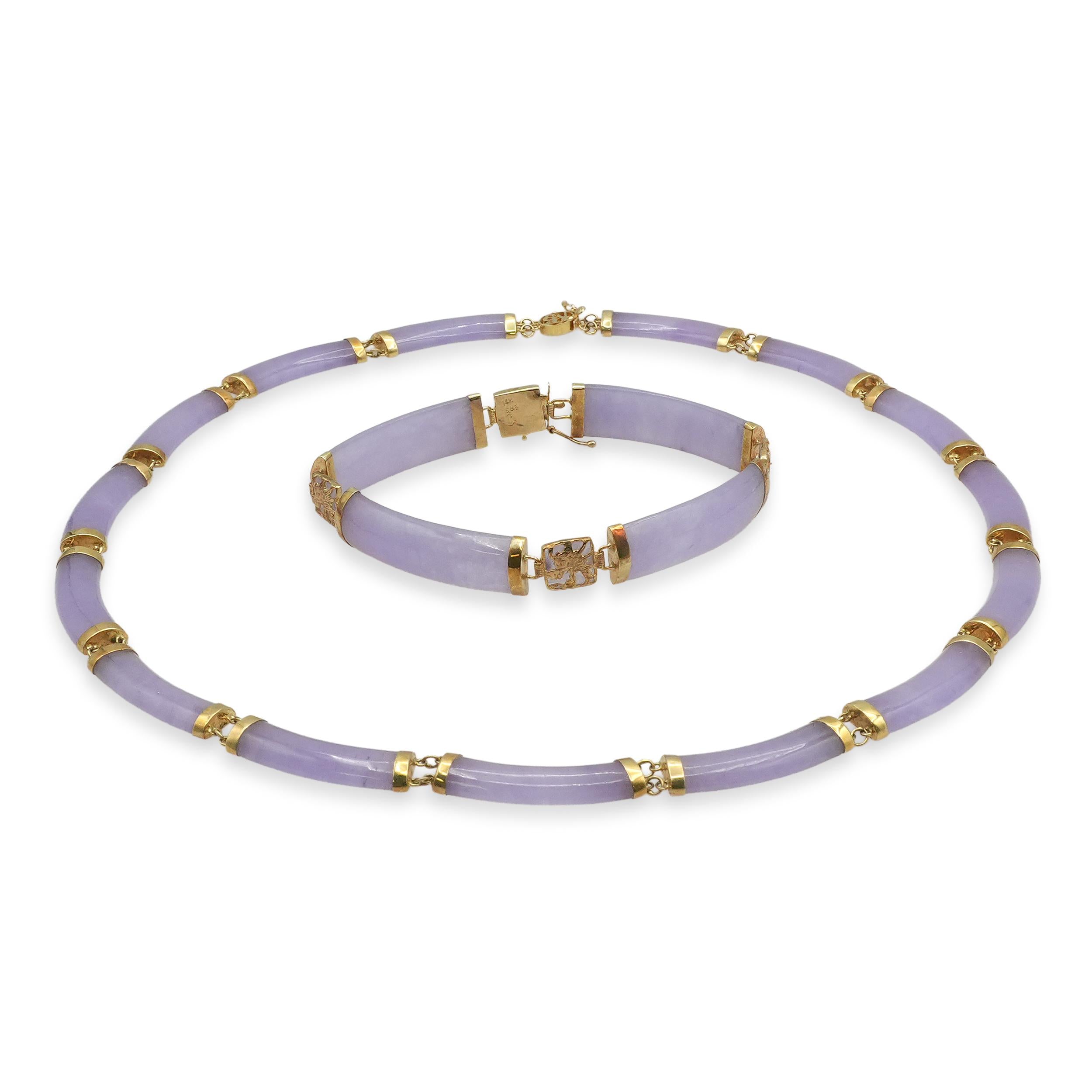 Vintage 14K Yellow Gold Lavender Jade Necklace and Bracelet Set