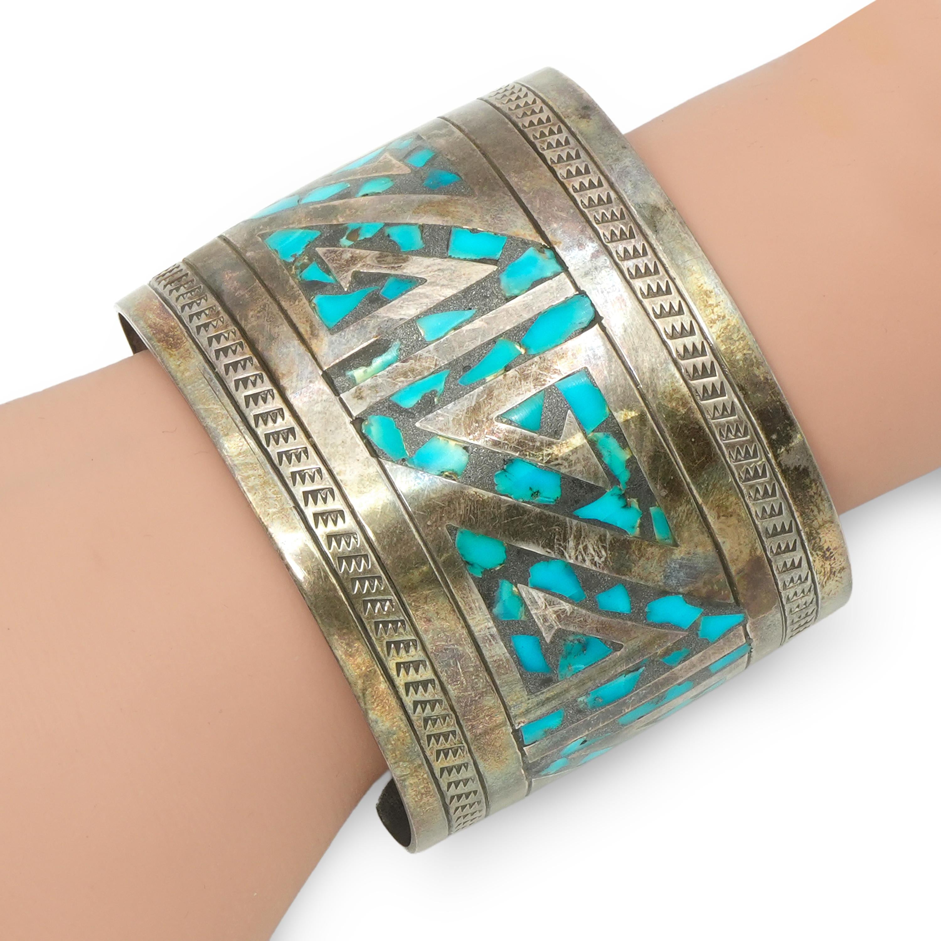 Vintage Navajo Charlie Bowie Sterling Silver Turquoise Cuff