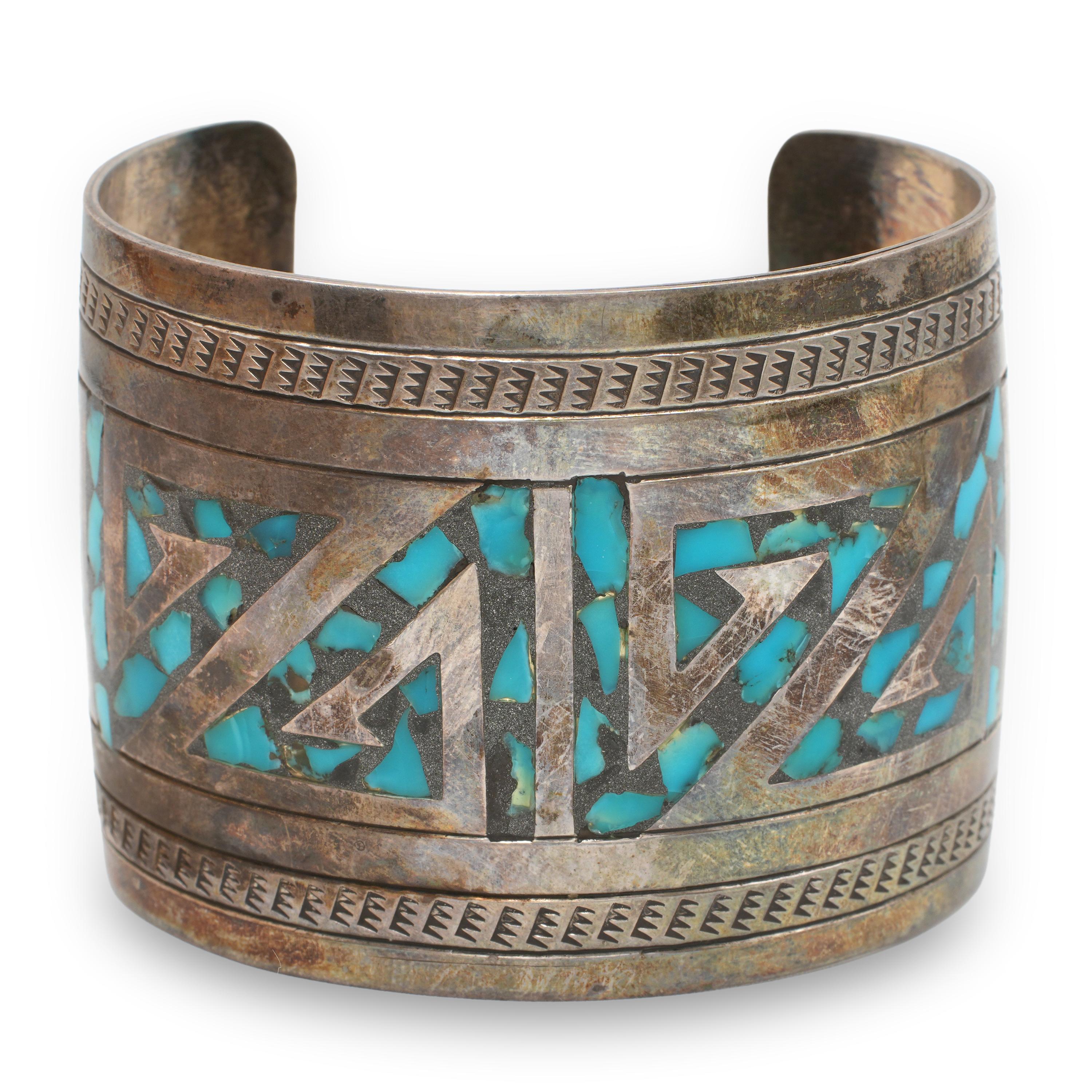 Vintage Navajo Charlie Bowie Sterling Silver Turquoise Cuff