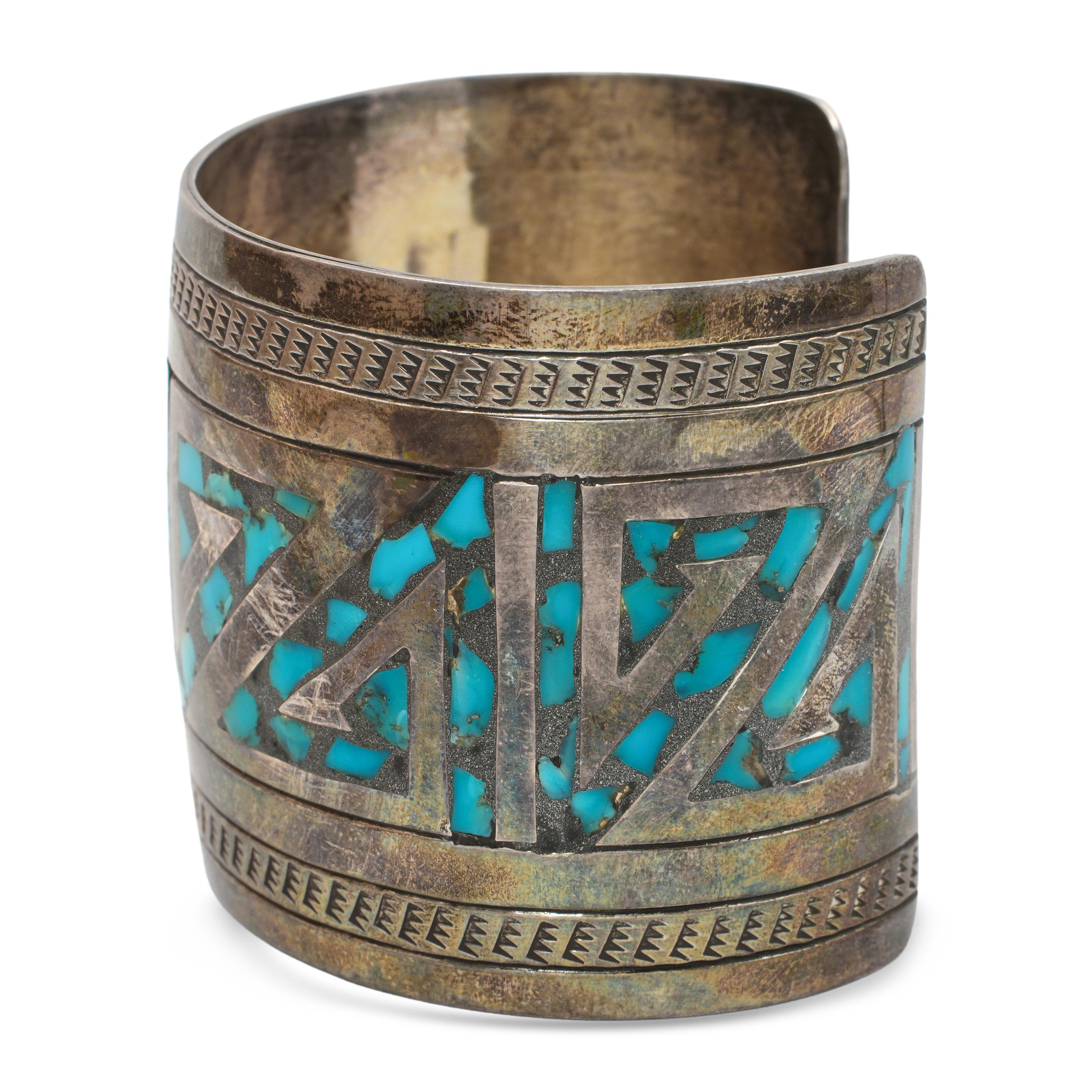 Vintage Navajo Charlie Bowie Sterling Silver Turquoise Cuff